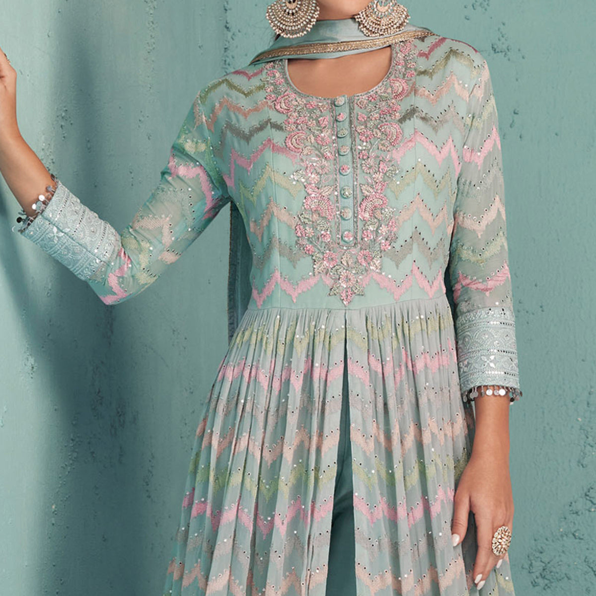 Peachmode Seller Blue Sequins Floral Embroidered Georgette Suit - view 2