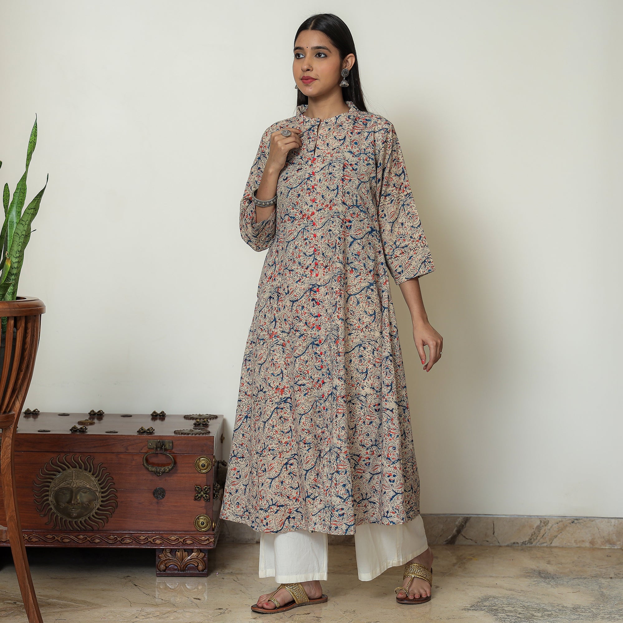 ITOKRI CASUALS Beige - Hand Block Print Cotton A-Line Kalamkari Kurta 21 - view 2