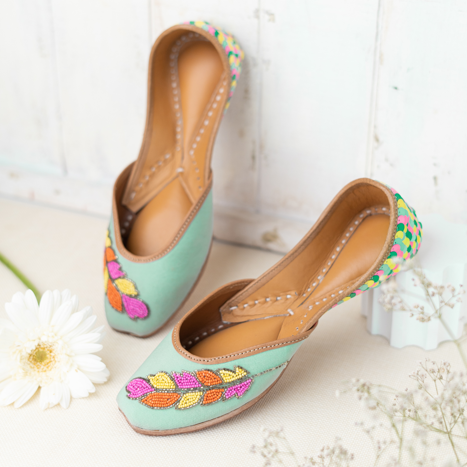 BlackTree Mint Green Sequins and Beaded Leaf Jutti