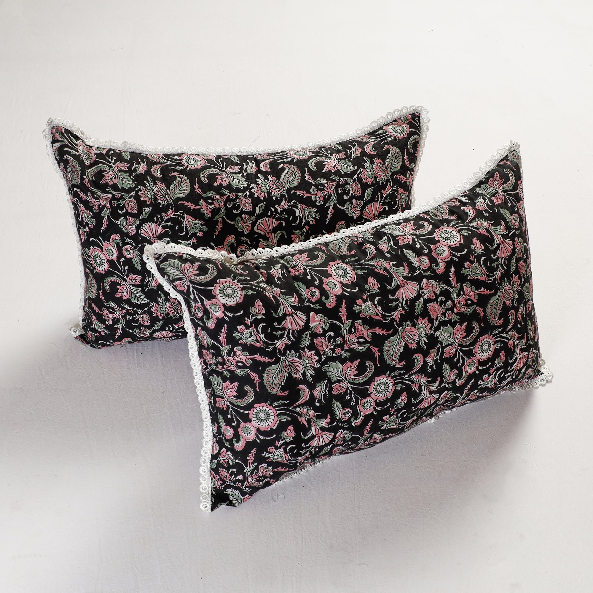 HAVELI CHRONICLES Black - Sanganeri Block Printed Cotton Pillow Cover with Lace (26 x 16 in) - Set of 2