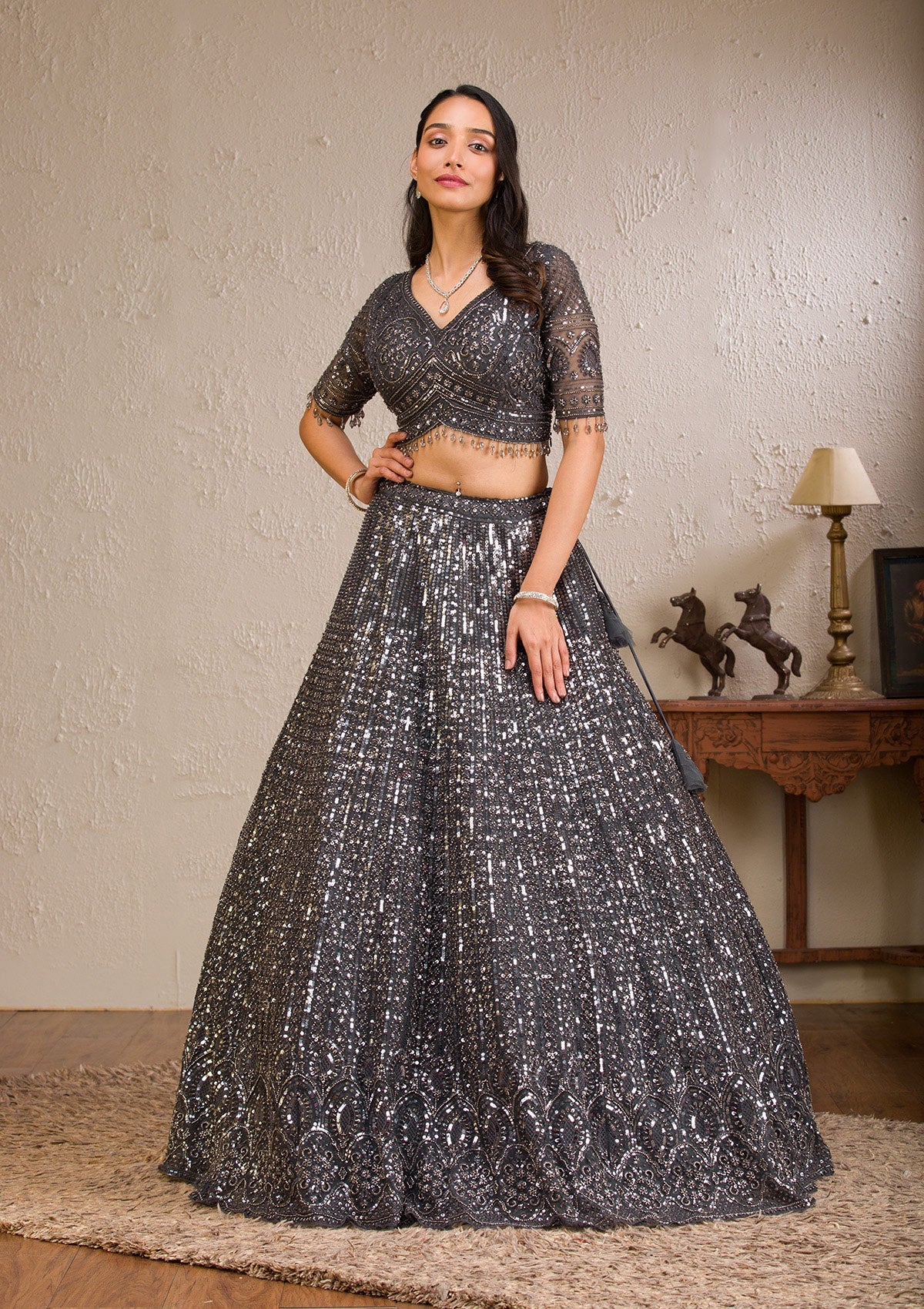 Koskii Dark Grey Sequins Net Readymade Lehenga - view 5