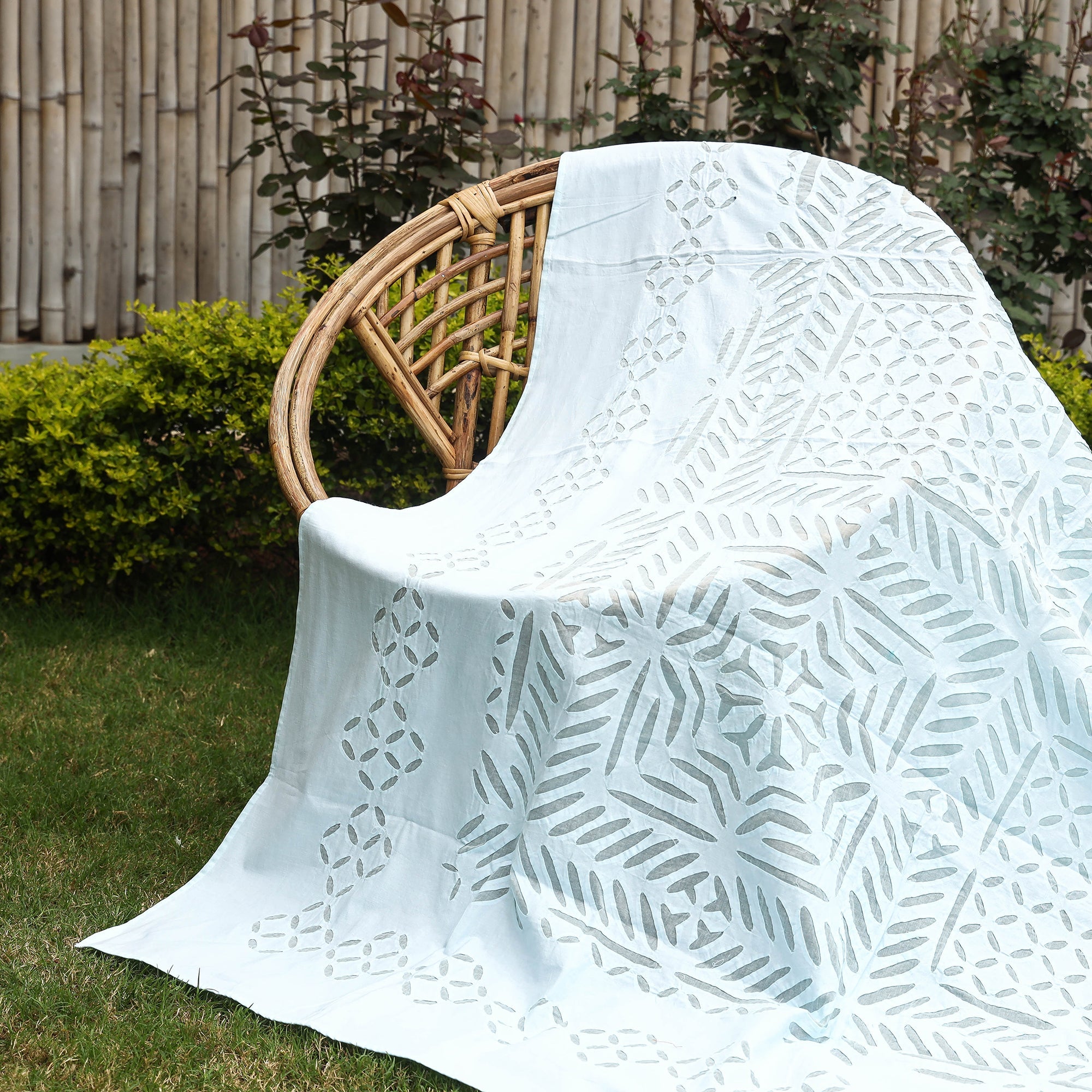 SHADES OF MARUDHARA Blue - Barmer Applique Cutwork Cotton Single Bed cover (93 x 60 in)