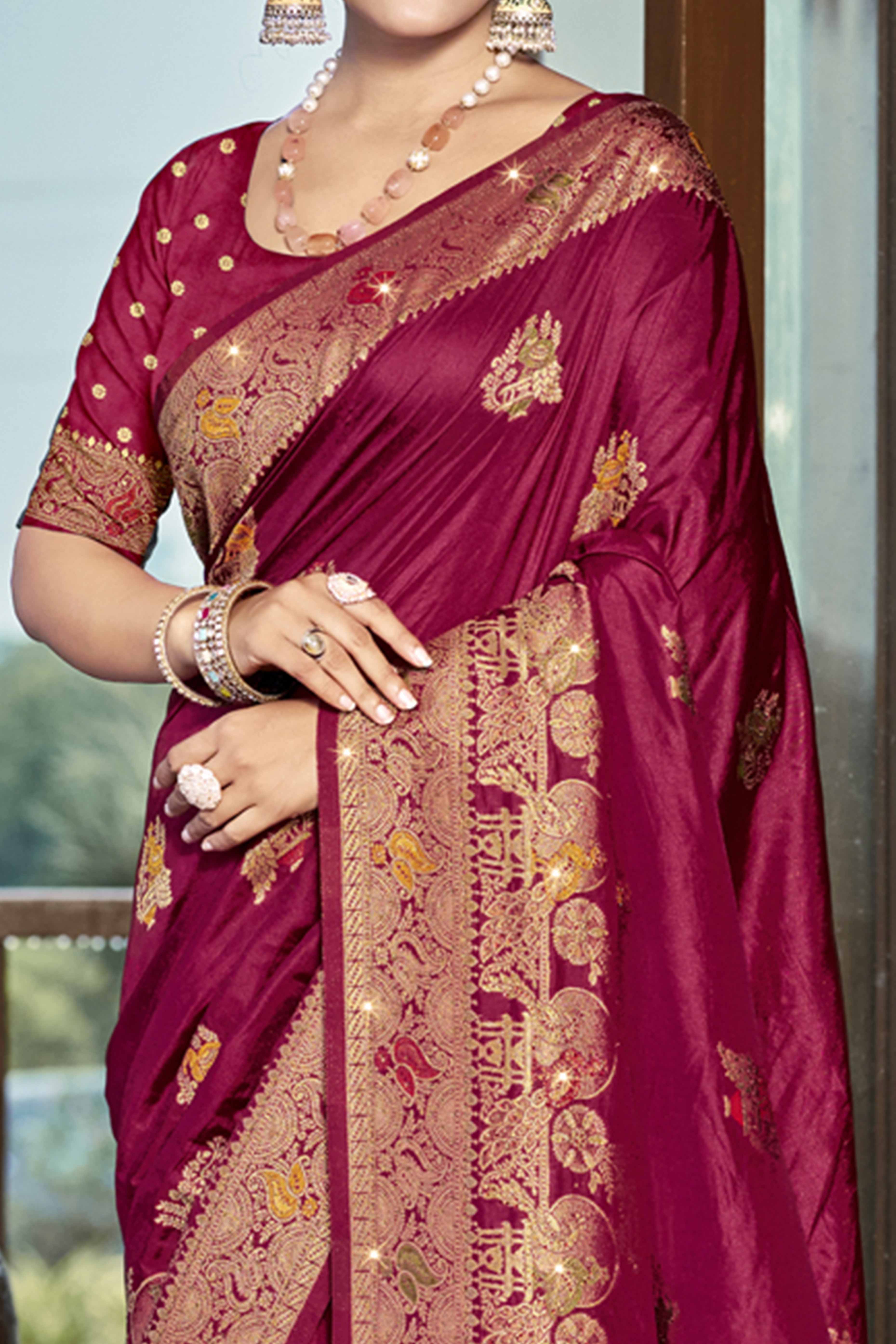 Peachmode Dark Magenta Floral Woven With Swarovski Work Pure Silk Saree With Tassels - view 2