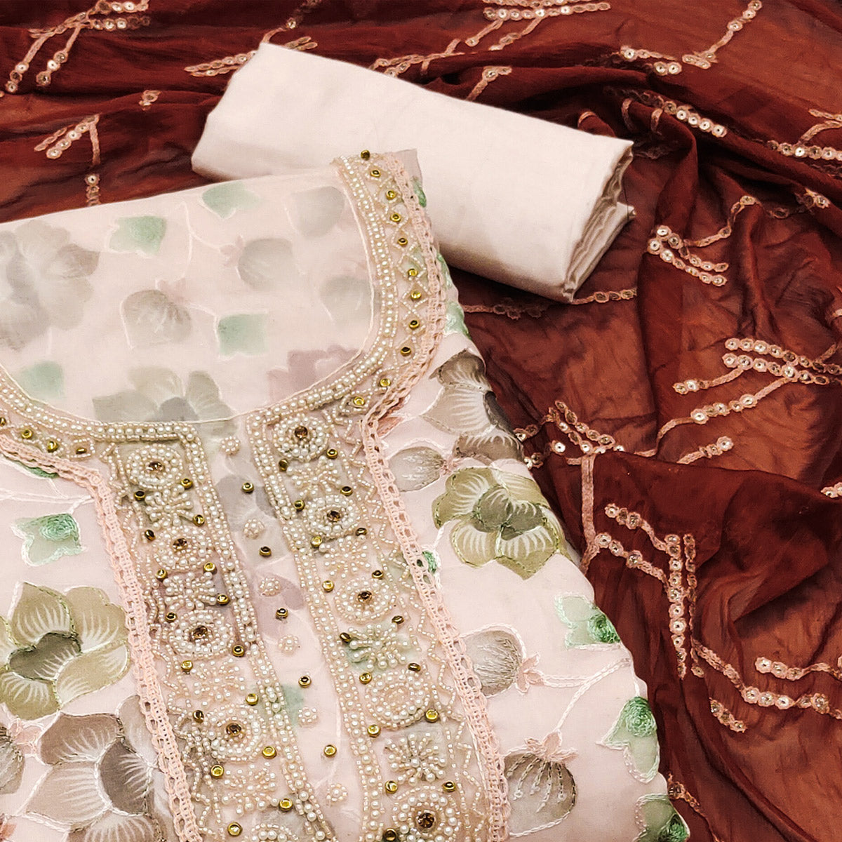 Peachmode Light Peach Hand Embroidery With Digital Printed Organza Dress Material - view 2