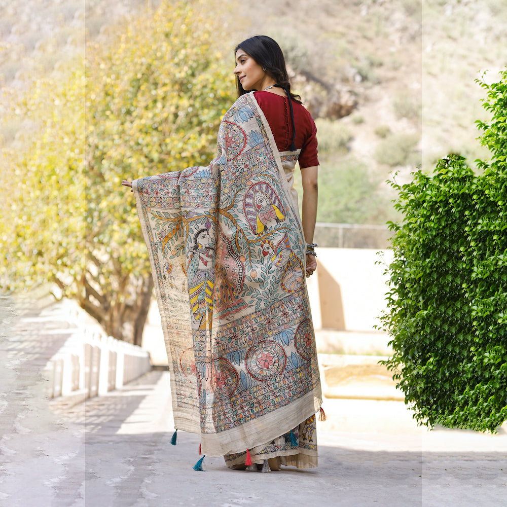 DIORAMA DESIGNS Beige - Madhubani Hand-Painted Krishna Raas Tussar Silk Saree - view 4