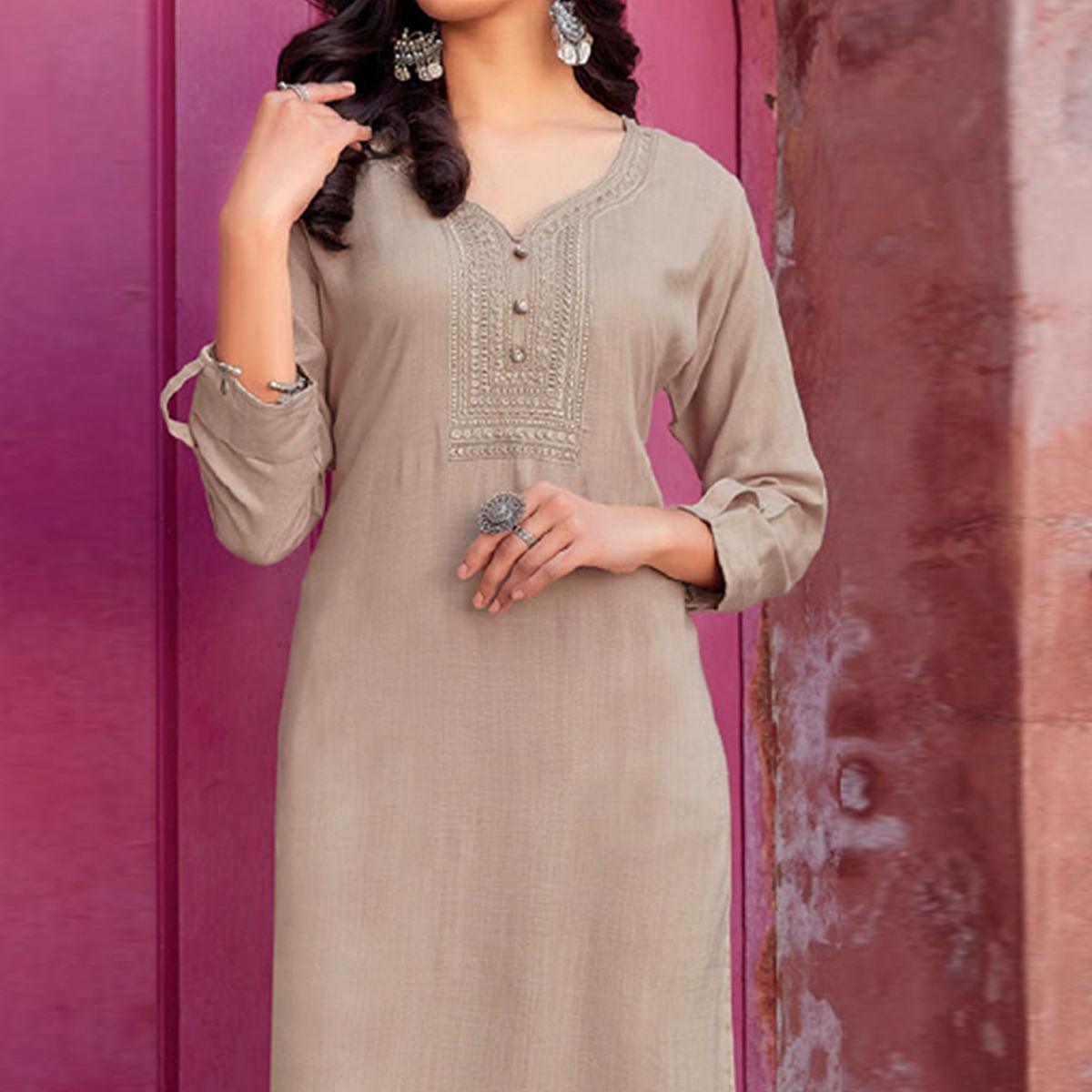 Peachmode Seller Cream Sequins Embroidered Pure Cotton Kurti - view 3