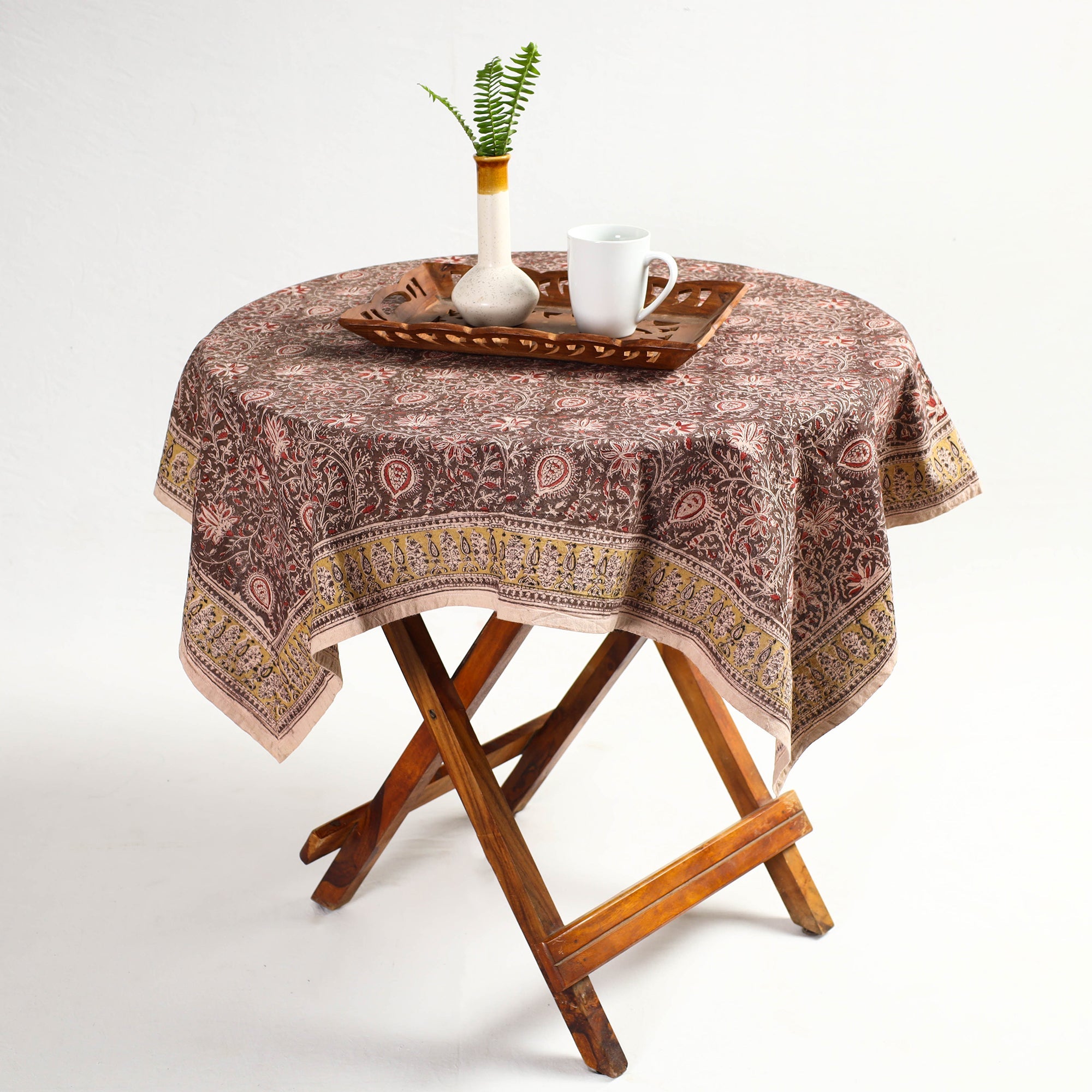 PITCHUKA SRINIVAS KALAMKARI PEDANA Brown - Original Pedana Kalamkari Block Printed Cotton Table Cover (46 x 43 in)