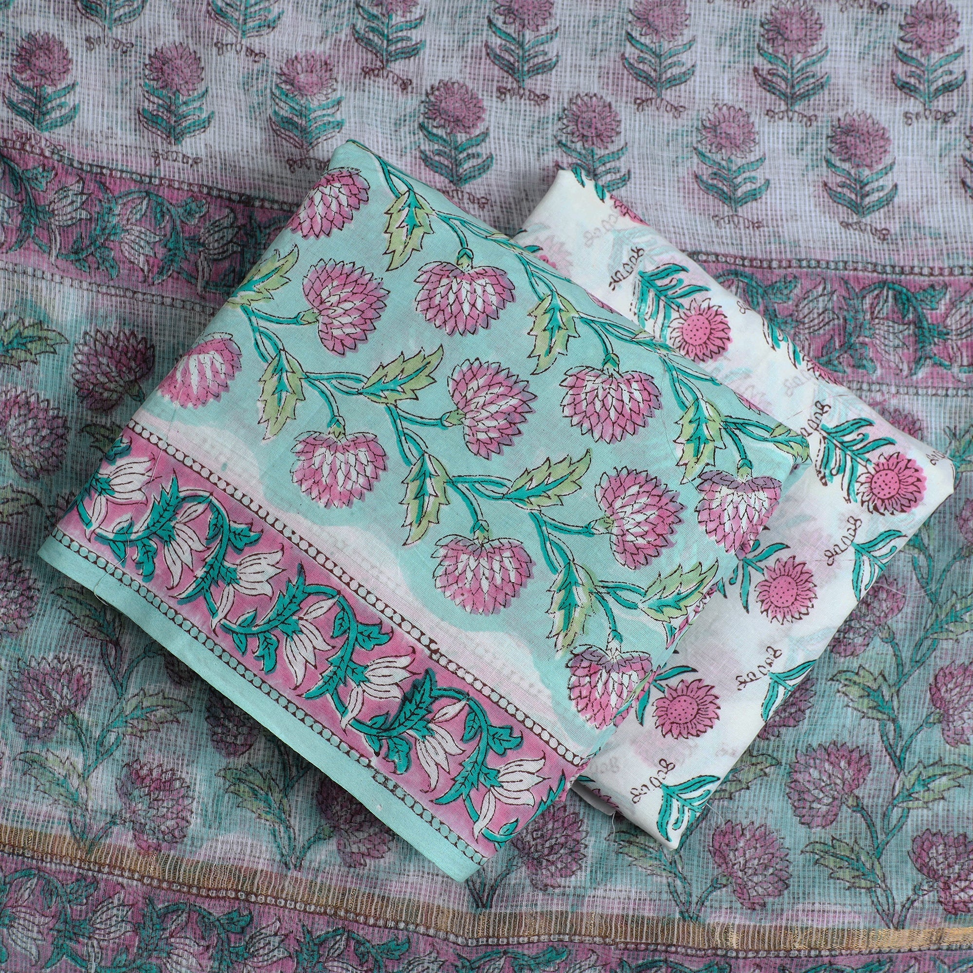 KUSUMLATA 3pc Sanganeri Block Printed Cotton Suit Material with Kota Doria Dupatta 13 - view 2