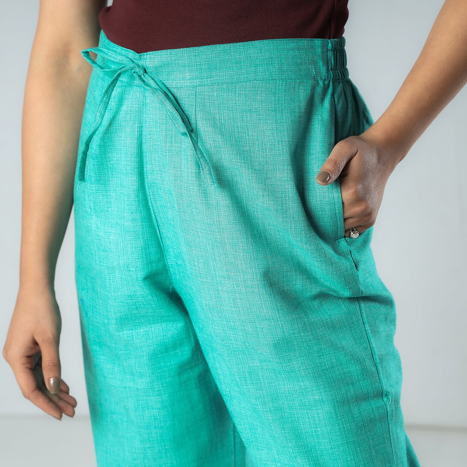 ITOKRI CASUALS Aqua Green & White Texture Plain Dyed Cotton Relaxed Fit Pant - view 3
