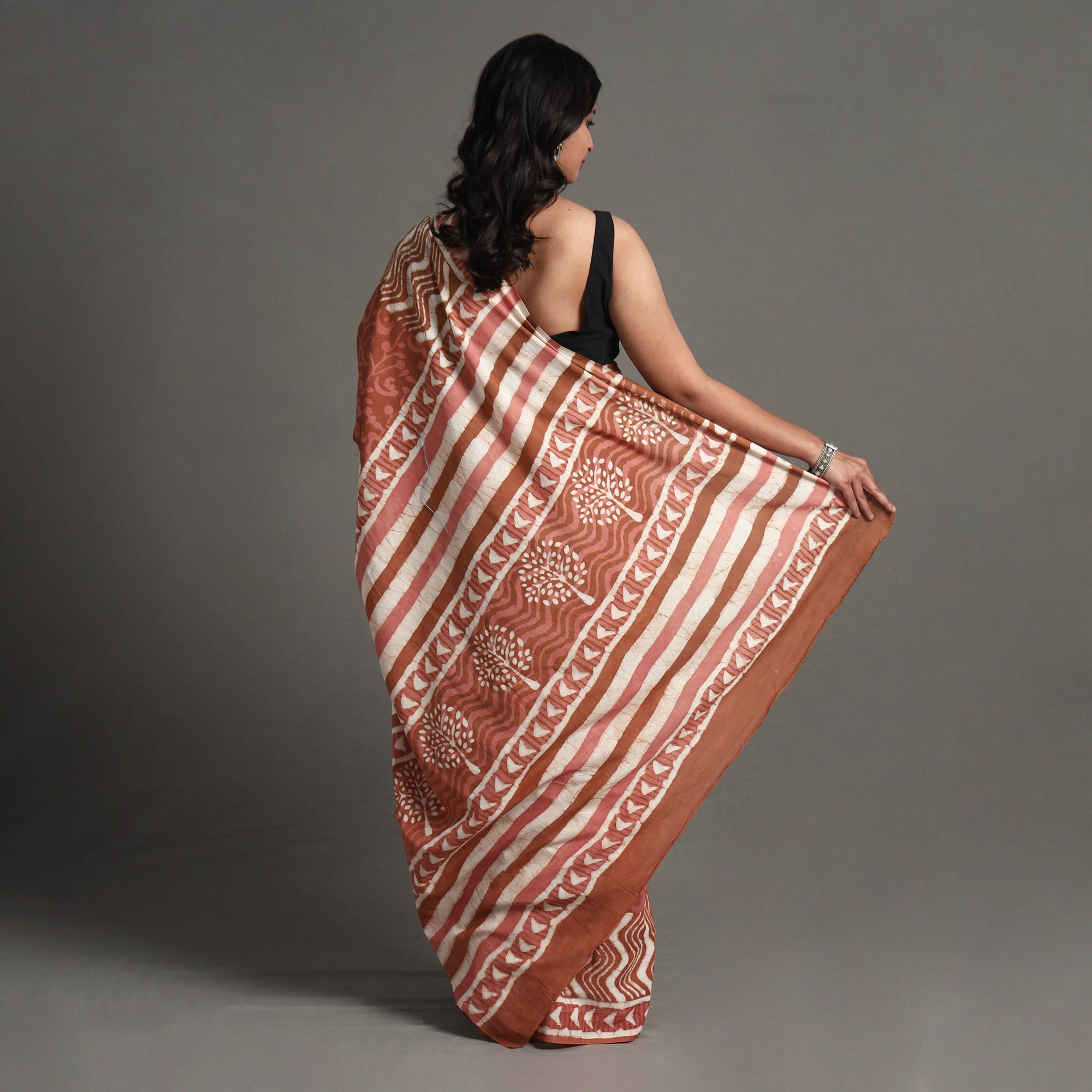 ARTISAN HAND BLOCK PRINTS Brown - Bagru Dabu Block Printed Mul Cotton Saree - view 4