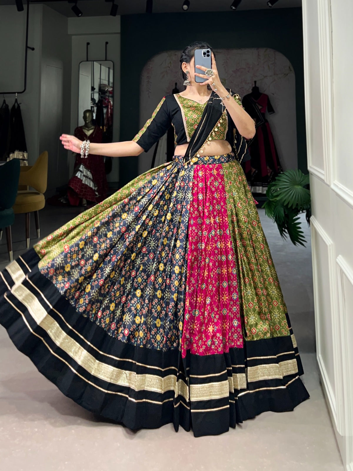 ClothsVilla Multi Color Dola Silk & Pure Cotton Lehenga Choli Set