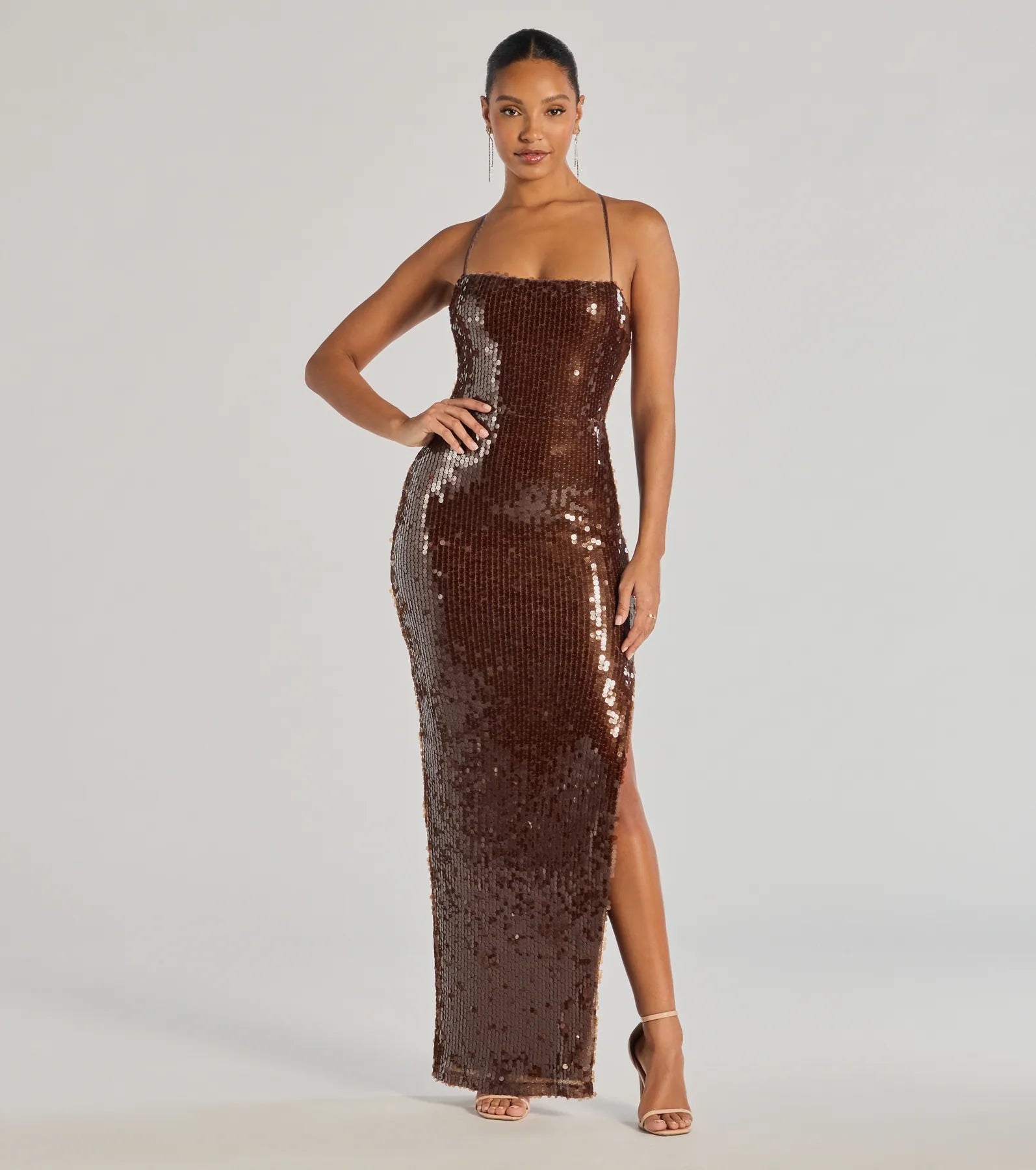 Windsor Naya Lace-Up High Slit Sequin Formal Dress