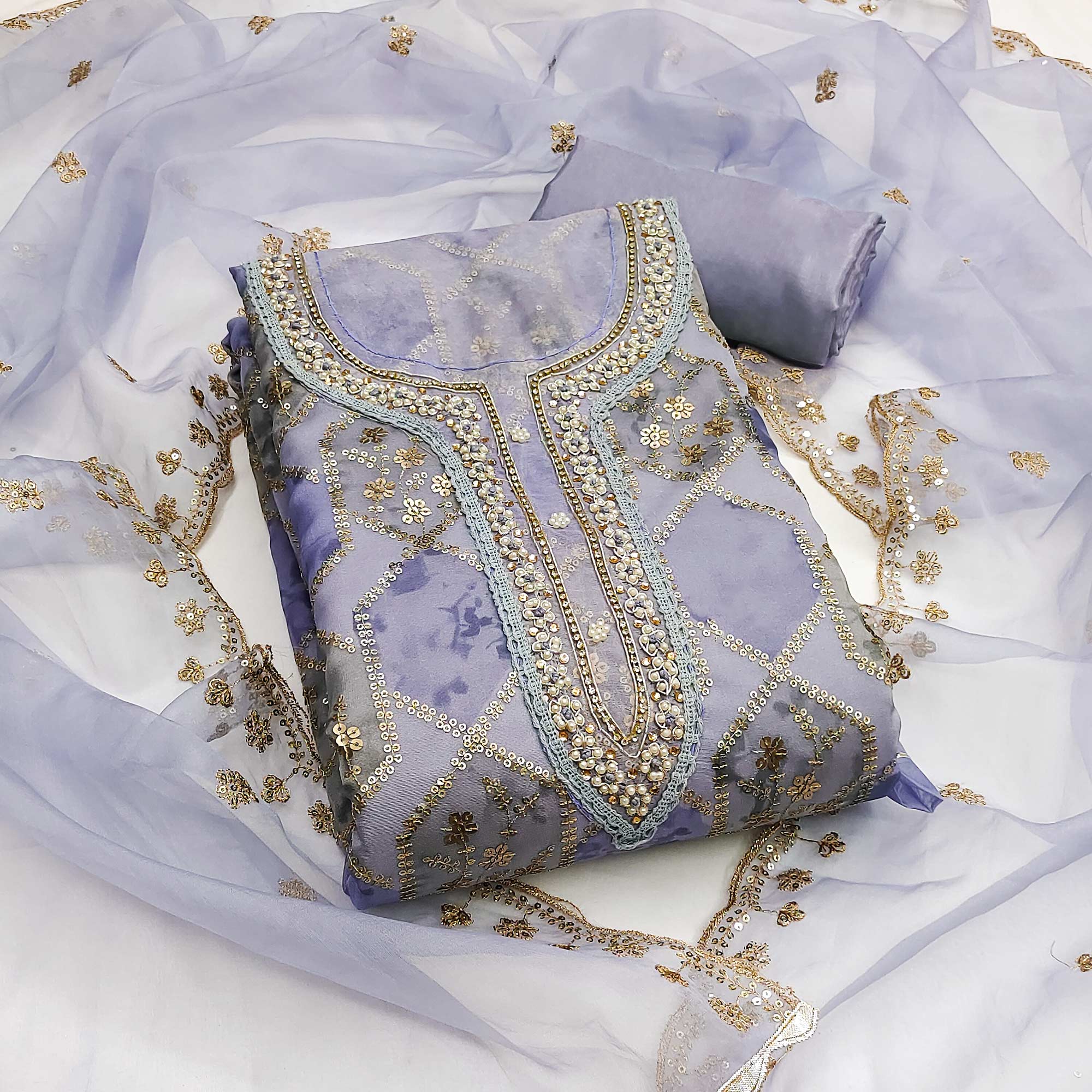 Peachmode Lavender Floral Sequins Embroidery With Handwork Organza Dress Material