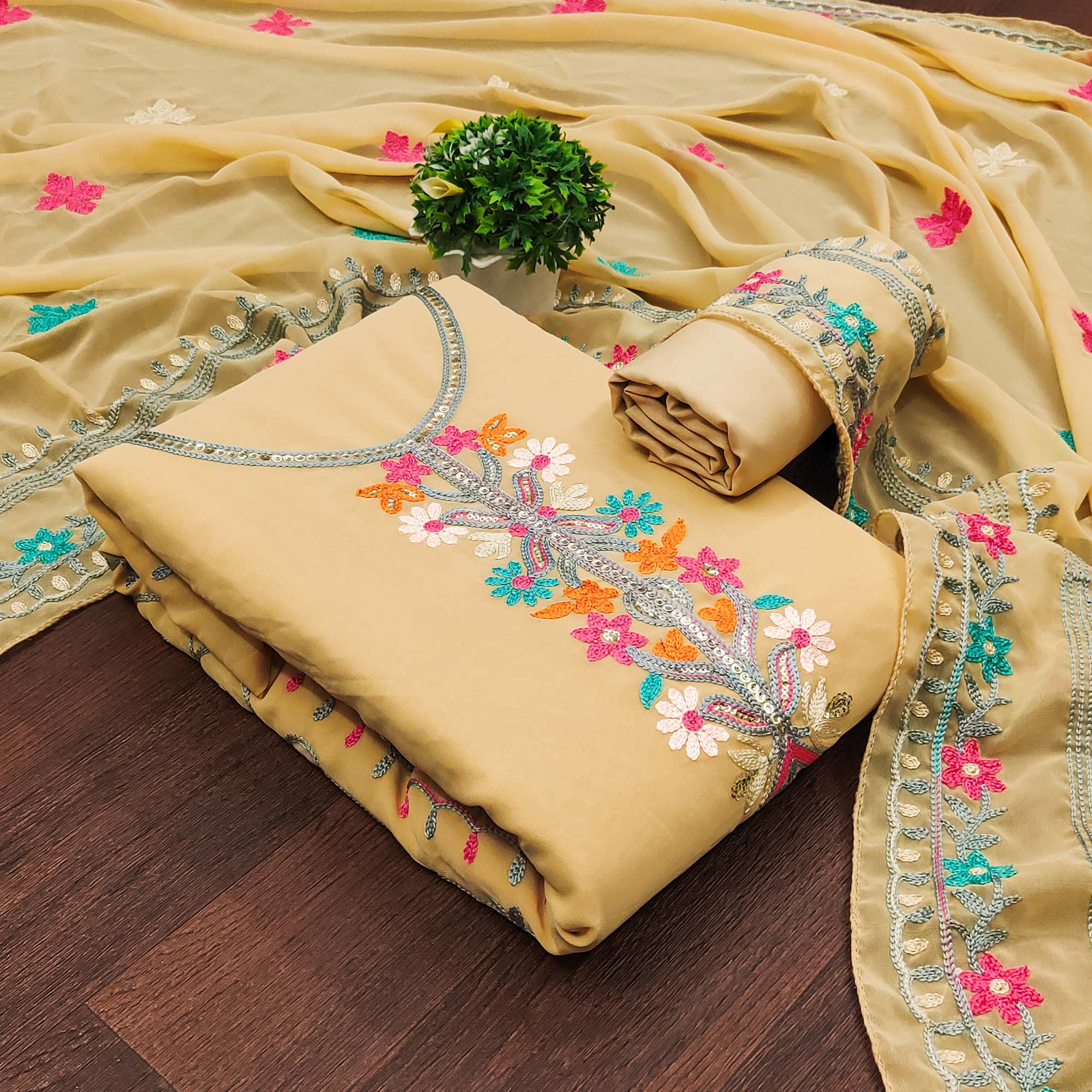 Peachmode Chikoo Floral Sequins Embroidered Georgette Dress Material