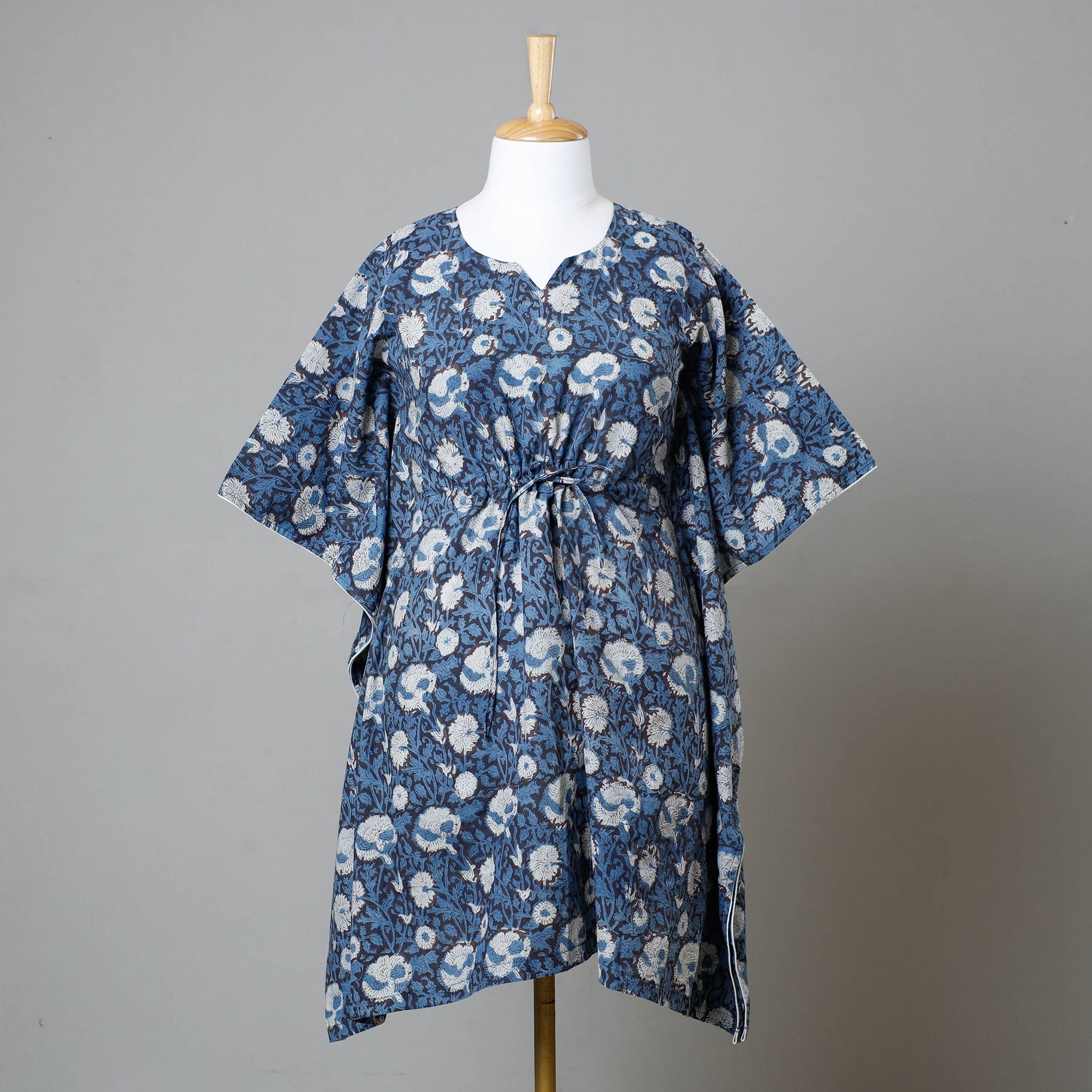 ITOKRI CASUALS Blue - Bagru Block Printed Cotton Kaftan with Tie-Up Waist (Medium)