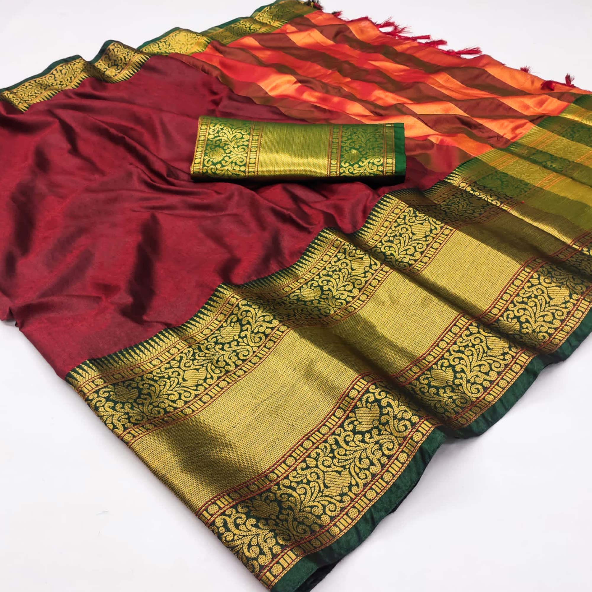 Peachmode Maroon Woven Cotton Silk Saree With Tassels