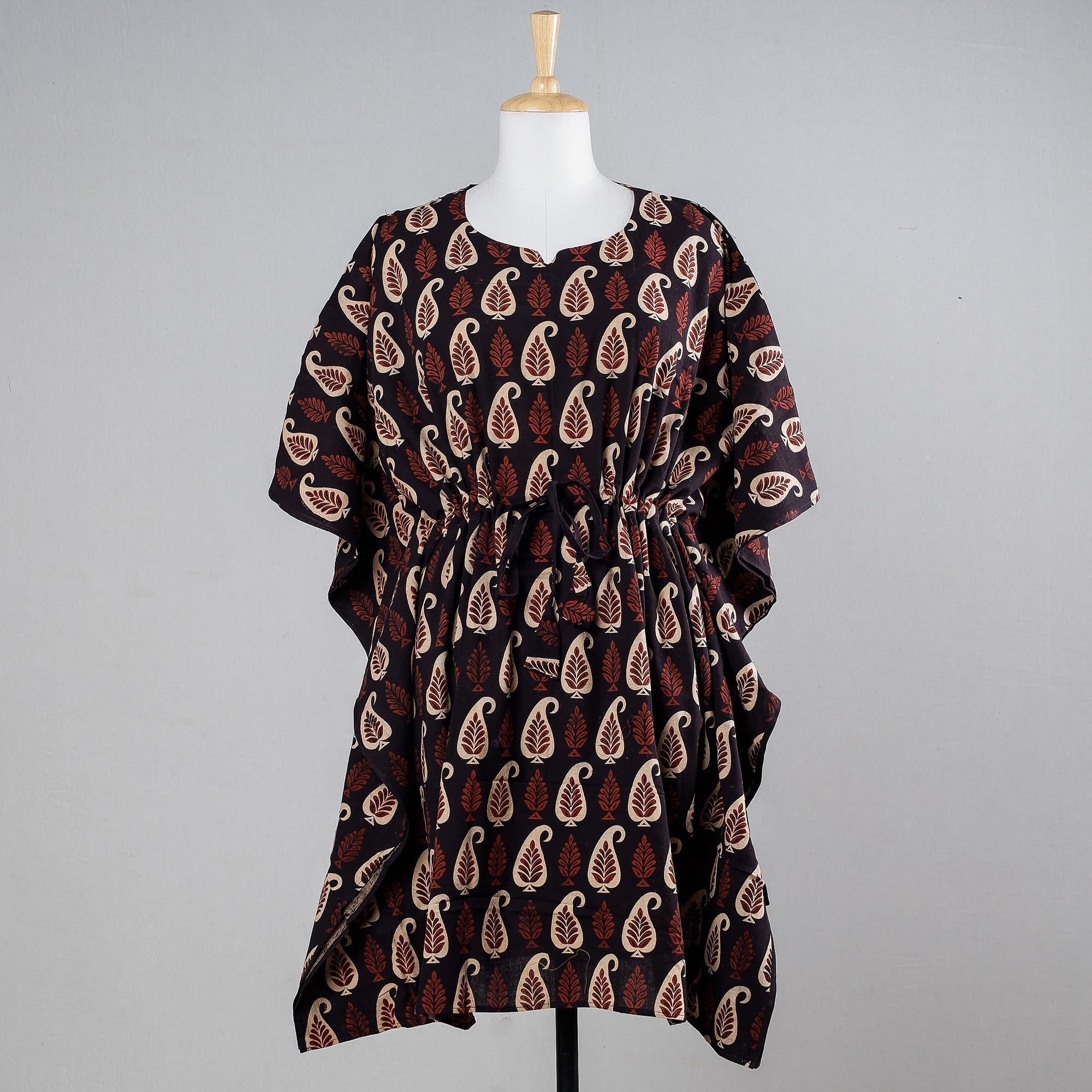 KACHCHH JI CHHAAP Black - Ajrakh Block Printed Cotton Kaftan with Tie-Up Waist (Medium)