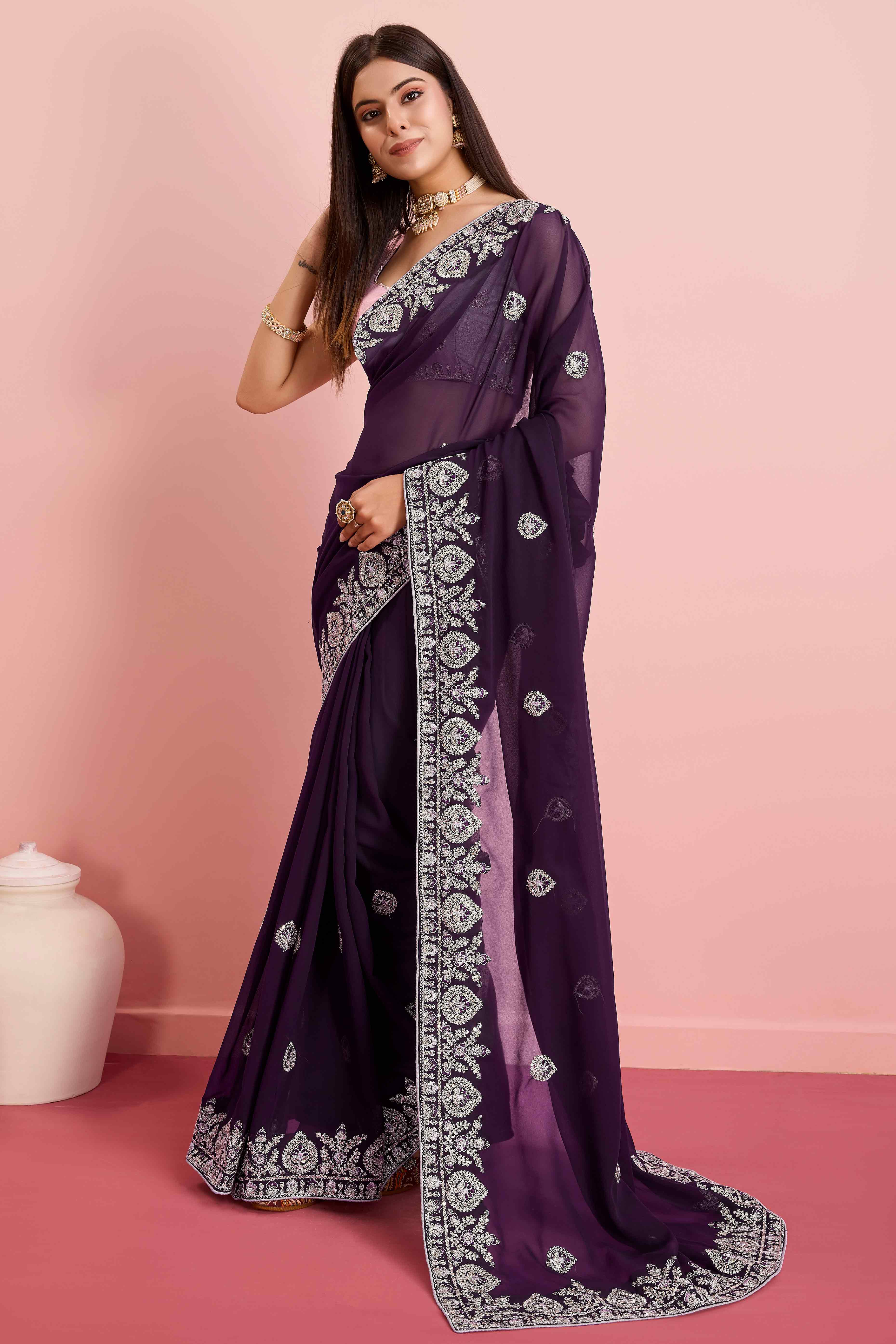 Peachmode Dark Purple Floral Sequins Embroidered Georgette Saree - view 4