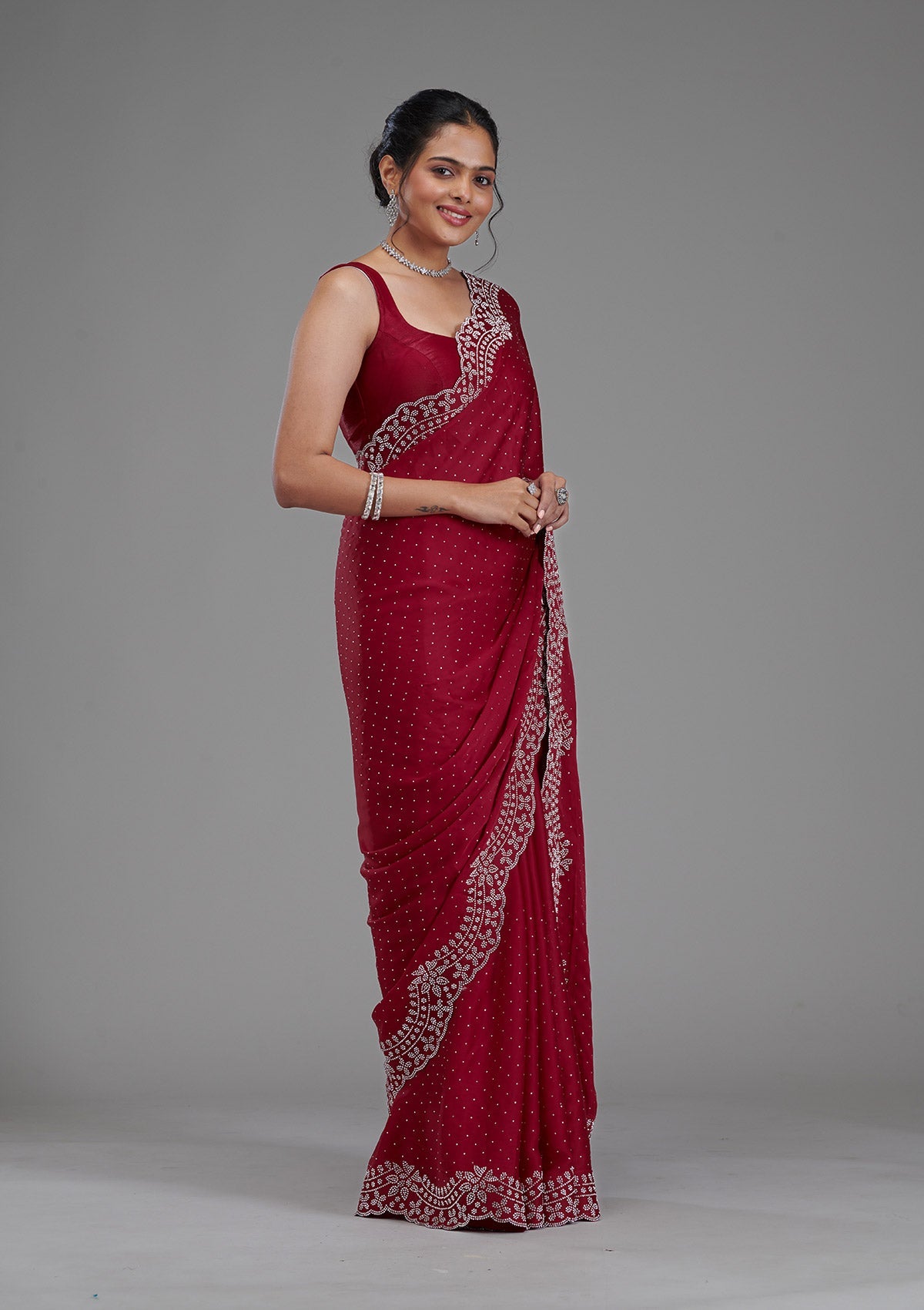 Koskii Maroon Swarovski Satin Saree – Women's - view 4