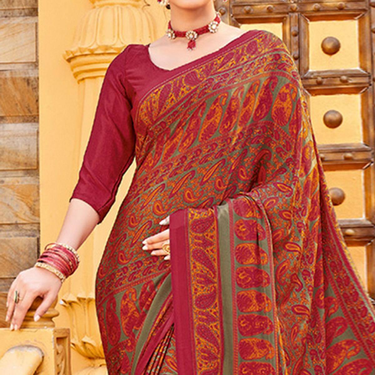 Peachmode Maroon Printed Crepe Saree – Women's - view 2