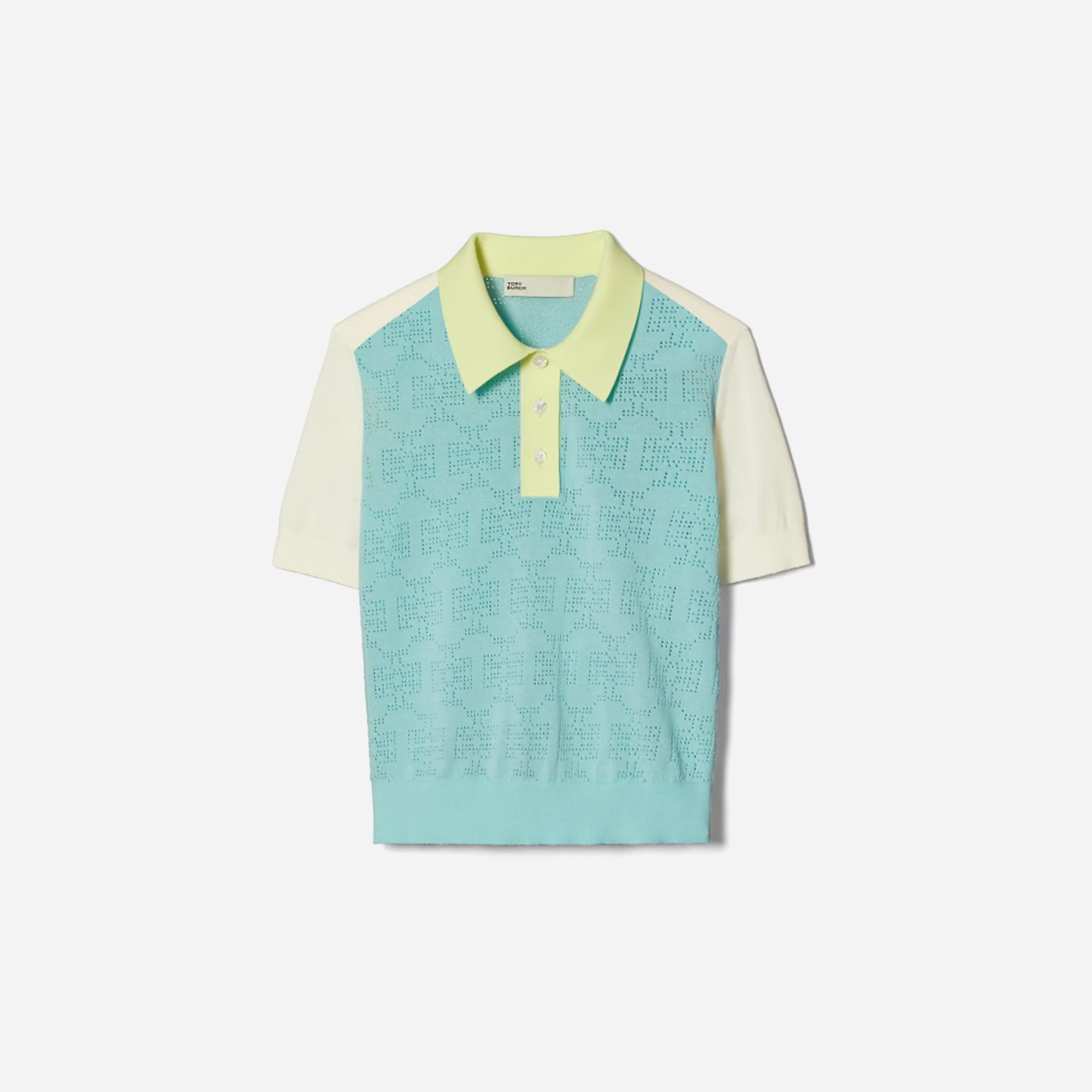 Tory Burch Cotton Pointelle Logo Polo New Ivory Pastel Sky