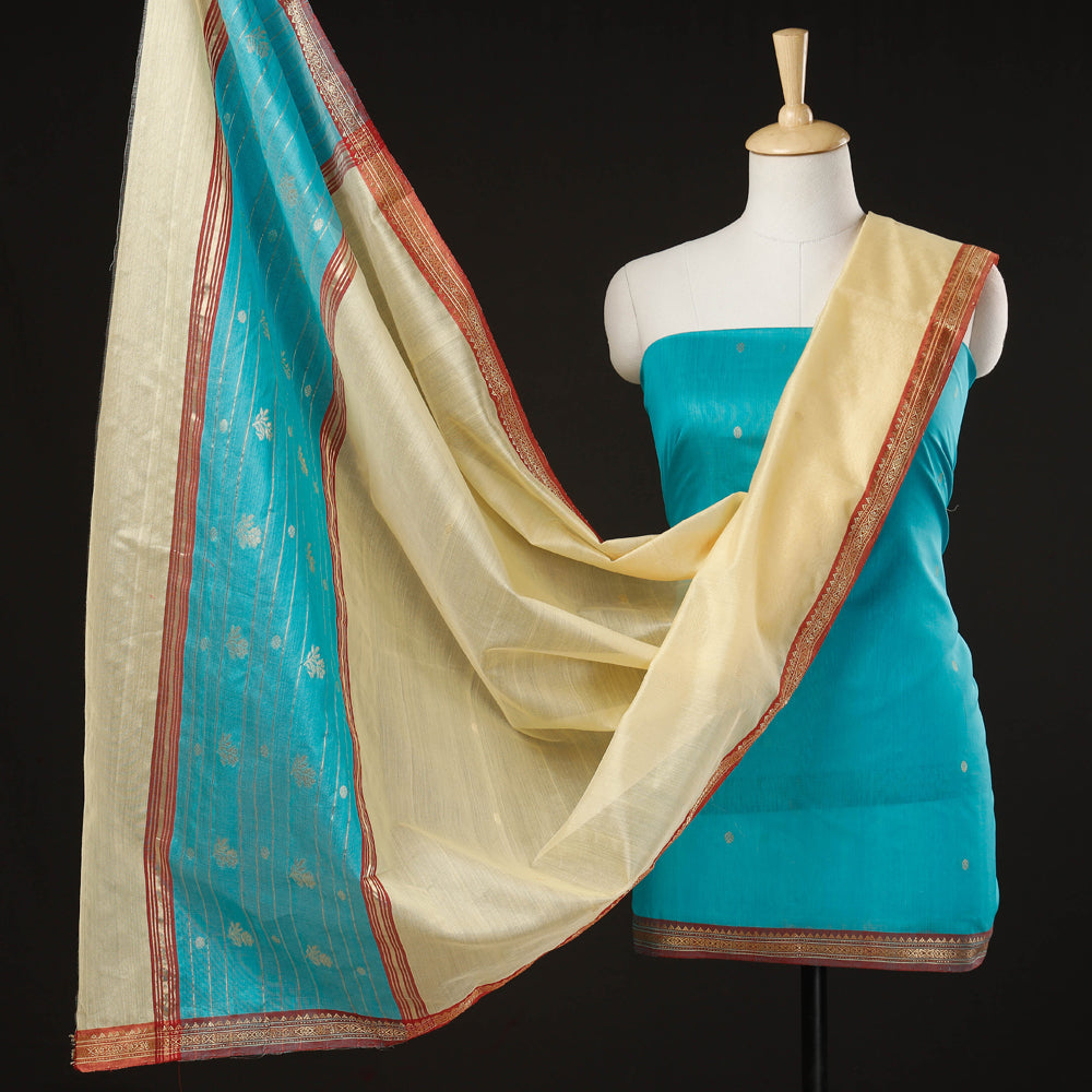 ITOKRI CRAFTS INITIATIVE Blue - 3pc Chanderi Silk Handloom Zari Buti Suit Material Set with Nakshi Zari Border