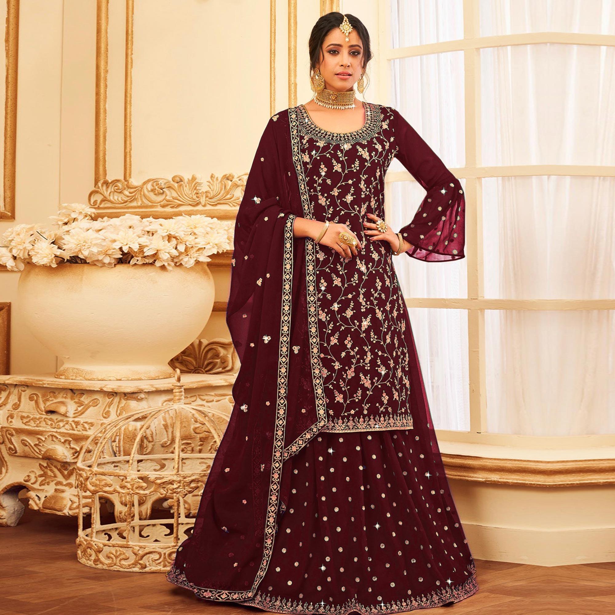 Peachmode Maroon Embroidered With Embellished Georgette Sharara Suit - view 2