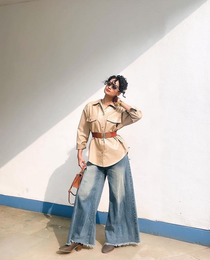 IZF Beige Oversized Faux-Leather Jacket