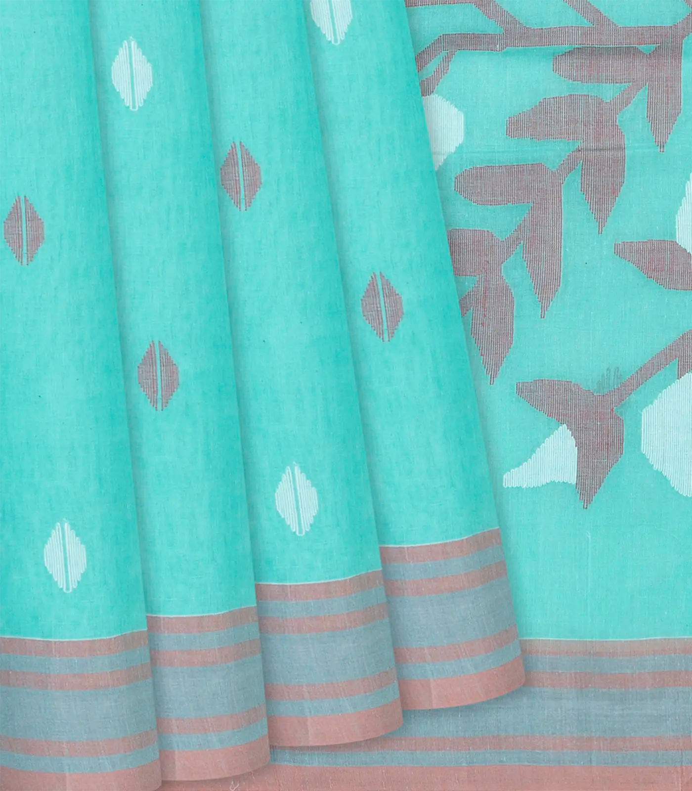 RmKV Turquoise Handloom Dhakai Cotton Saree With Buttas-Turquoise