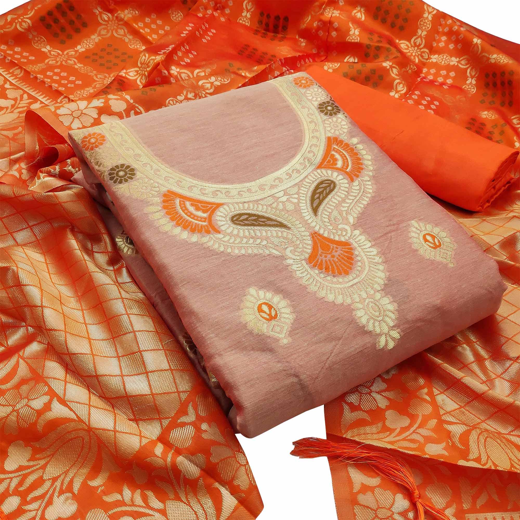 Peachmode Exotic Mauve Colored Festive Wear Woven Banarasi Silk Dress Material