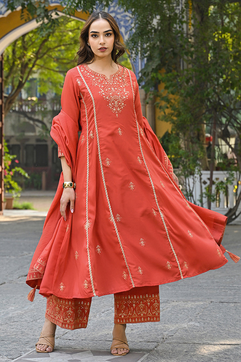 Ahika Orange Silk Blend Solid Embroidered Anarkali Suit Set PKSKD2858