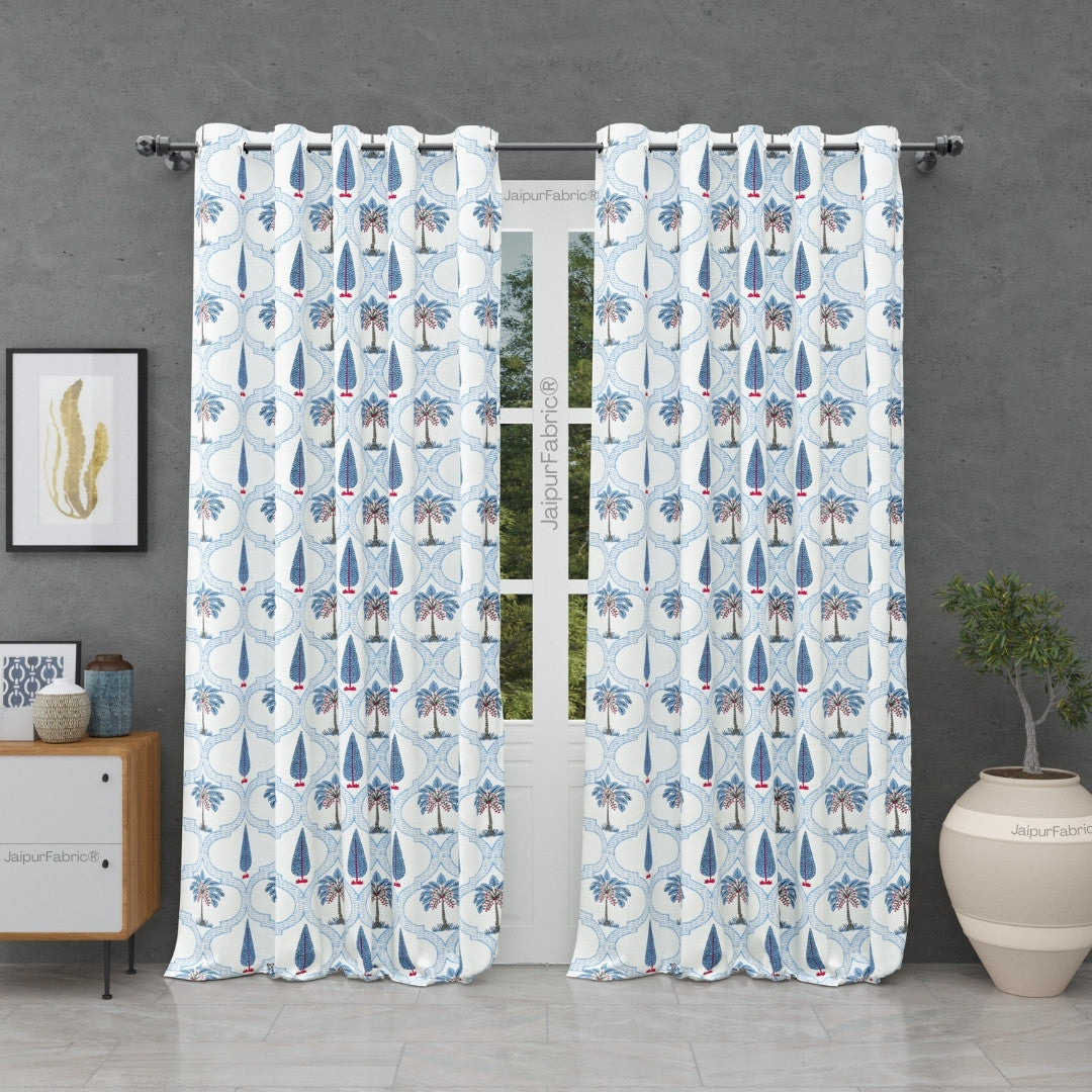 JaipurFabric® Jaipur Mela Hand Block Printed Blue Trees and Flowers Curtains