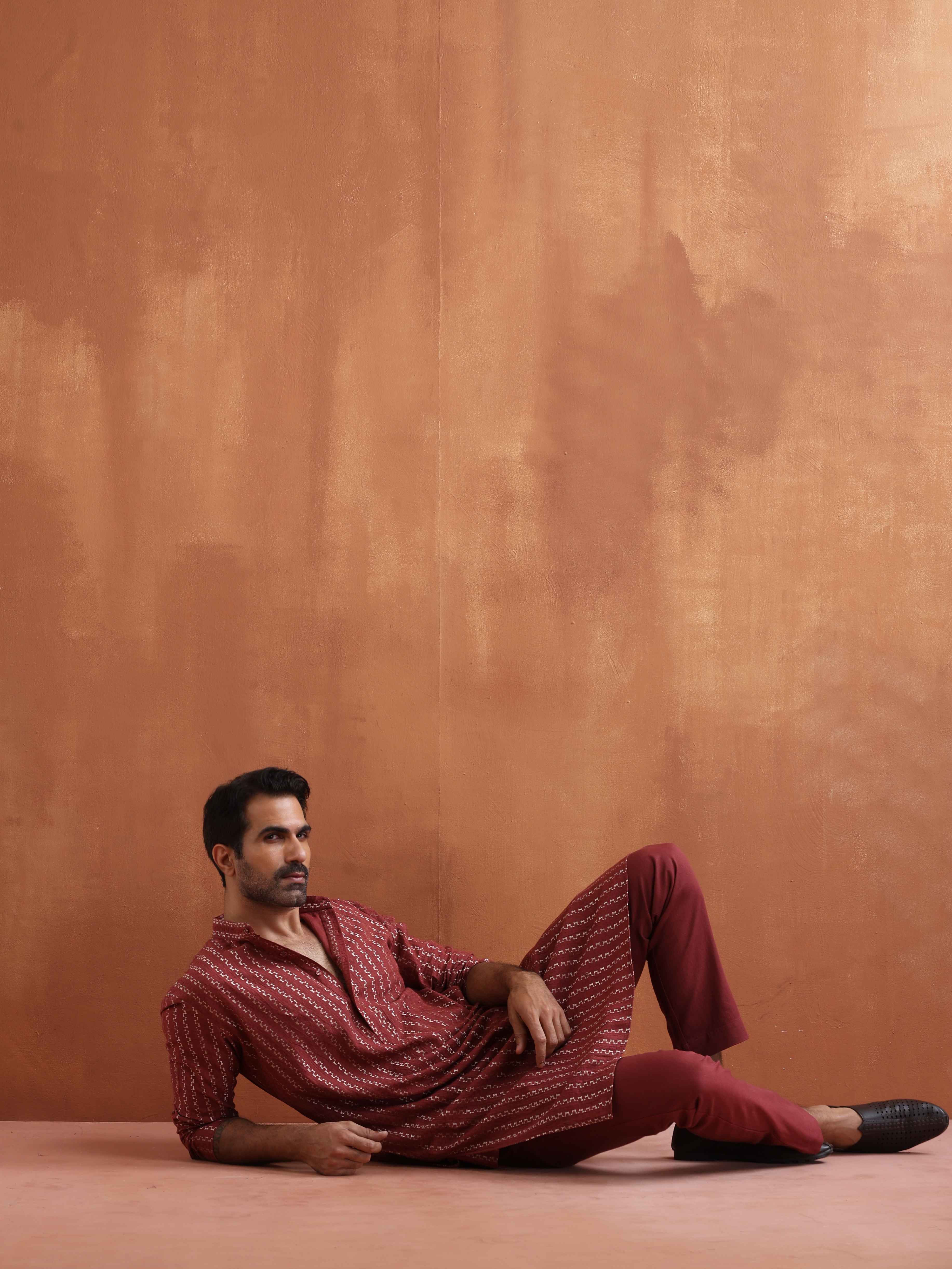 trueBrowns Men's Rust Cotton Dobby Kurta - view 6