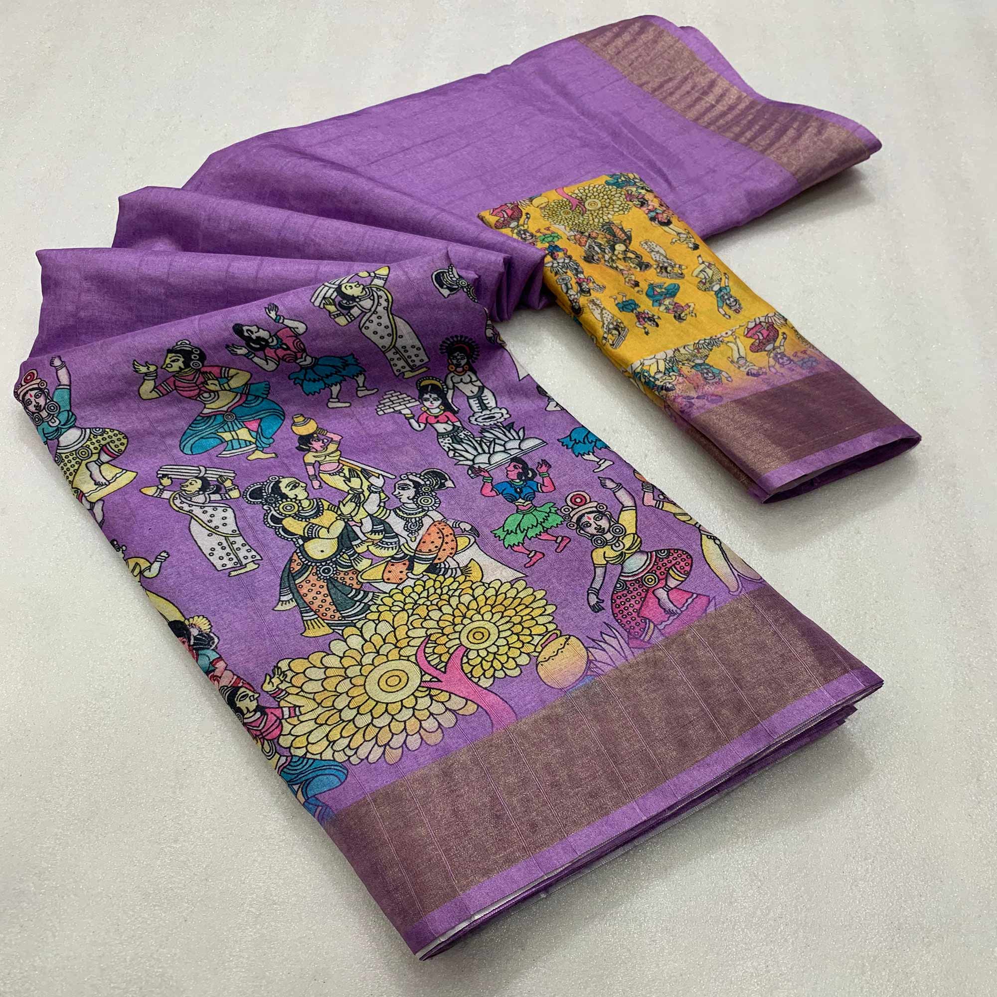 Peachmode Lavender Floral Digital Printed Tussar Silk Saree