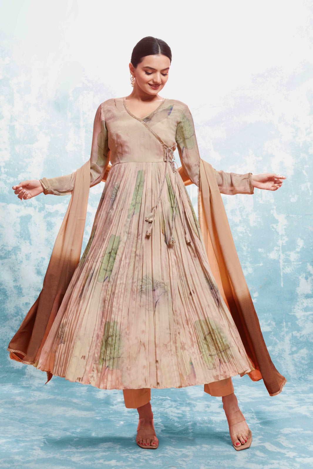 ClothsVilla Beige Chinon Silk Dress with Printed Work and Matching Dupatta – Ready to Wear