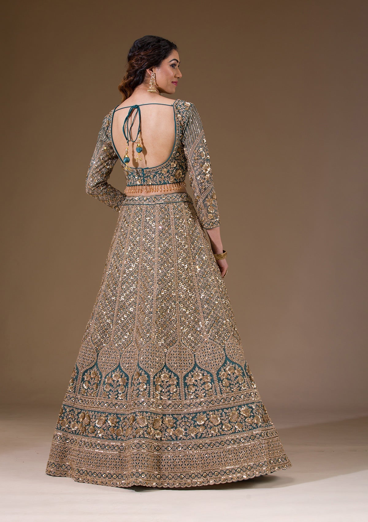 Koskii Turquoise Blue Sequins Net Readymade Lehenga - view 3