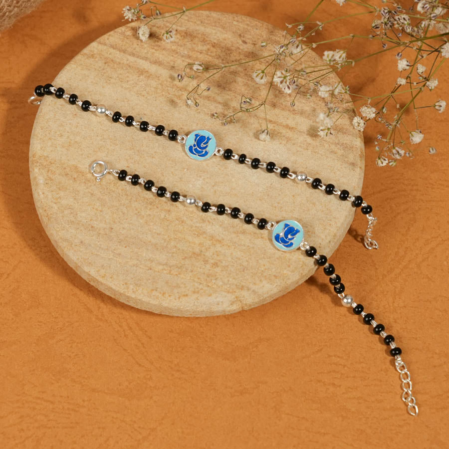 Prinjal Jewellers black beads Ganesh silver nazariya for kids - view 2