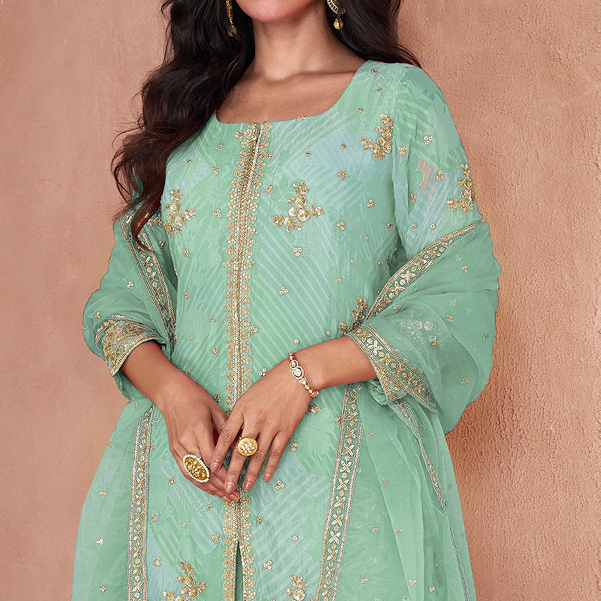Peachmode Pista Green Sequins Embroidered Georgette Sharara Suit - view 2