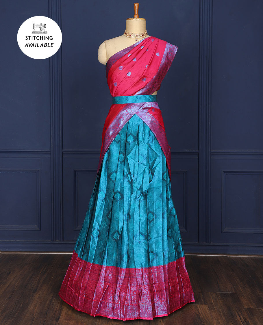 Pothys Blue jacquard art-silk half saree, contrast traditional zari border, jacquard blouse & intricate design dhavani