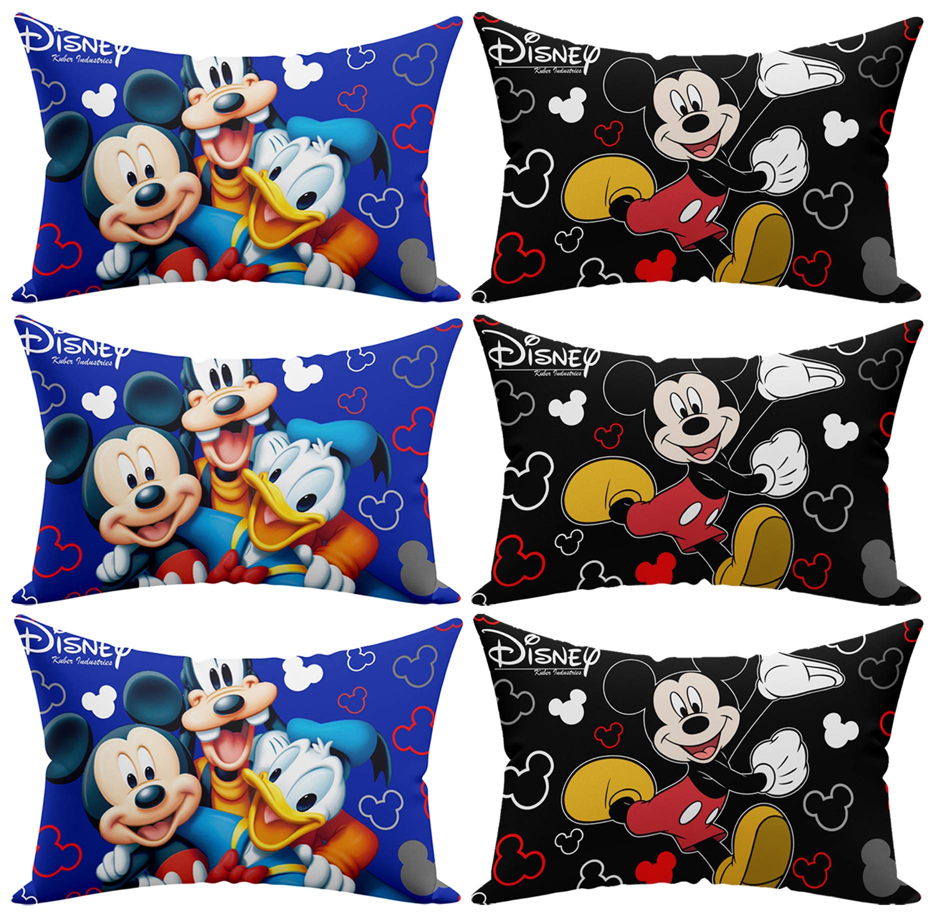 Kuber Industries Disney Team Mickey Print Silk Special Long Crush Pillow Cover- Set of 6, Black & Royal Blue-KUBMART10073
