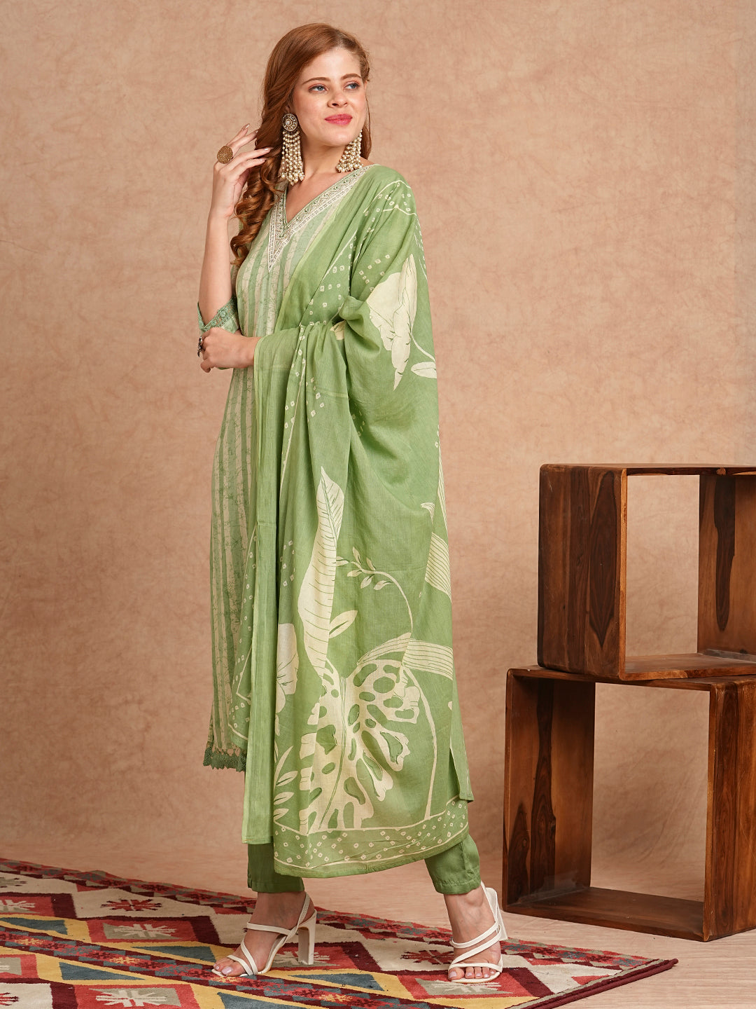 FASHOR Stripes Printed & Embroidered Kurta with Pant & Pure Cotton Dupatta - Green - view 4