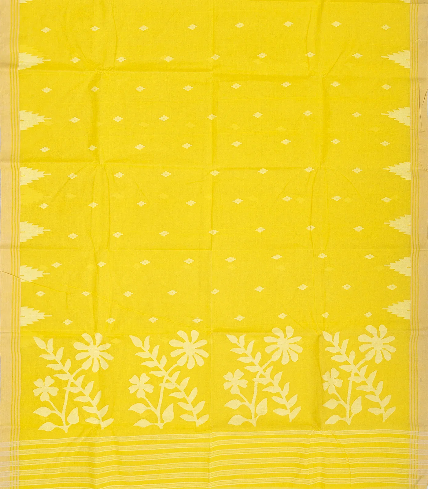 RmKV Lemon Yellow Bengal Cotton Saree With Diamond Motifs - view 2