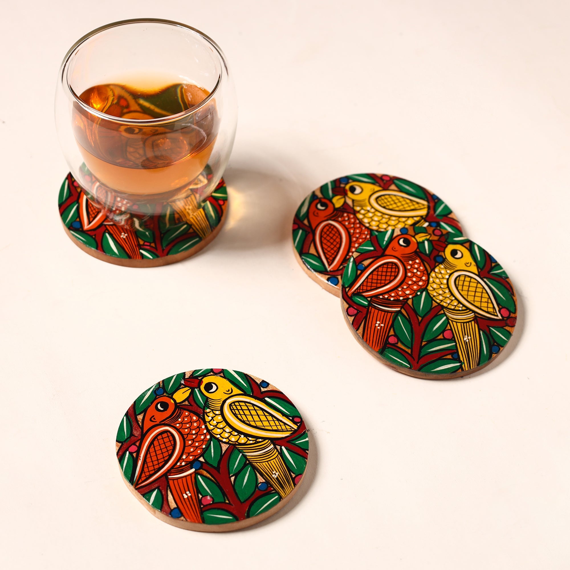 ITOKRI CRAFTS INITIATIVE Bengal Patua Handpainted Akashmoni Wooden Coasters (Set of 4) 16