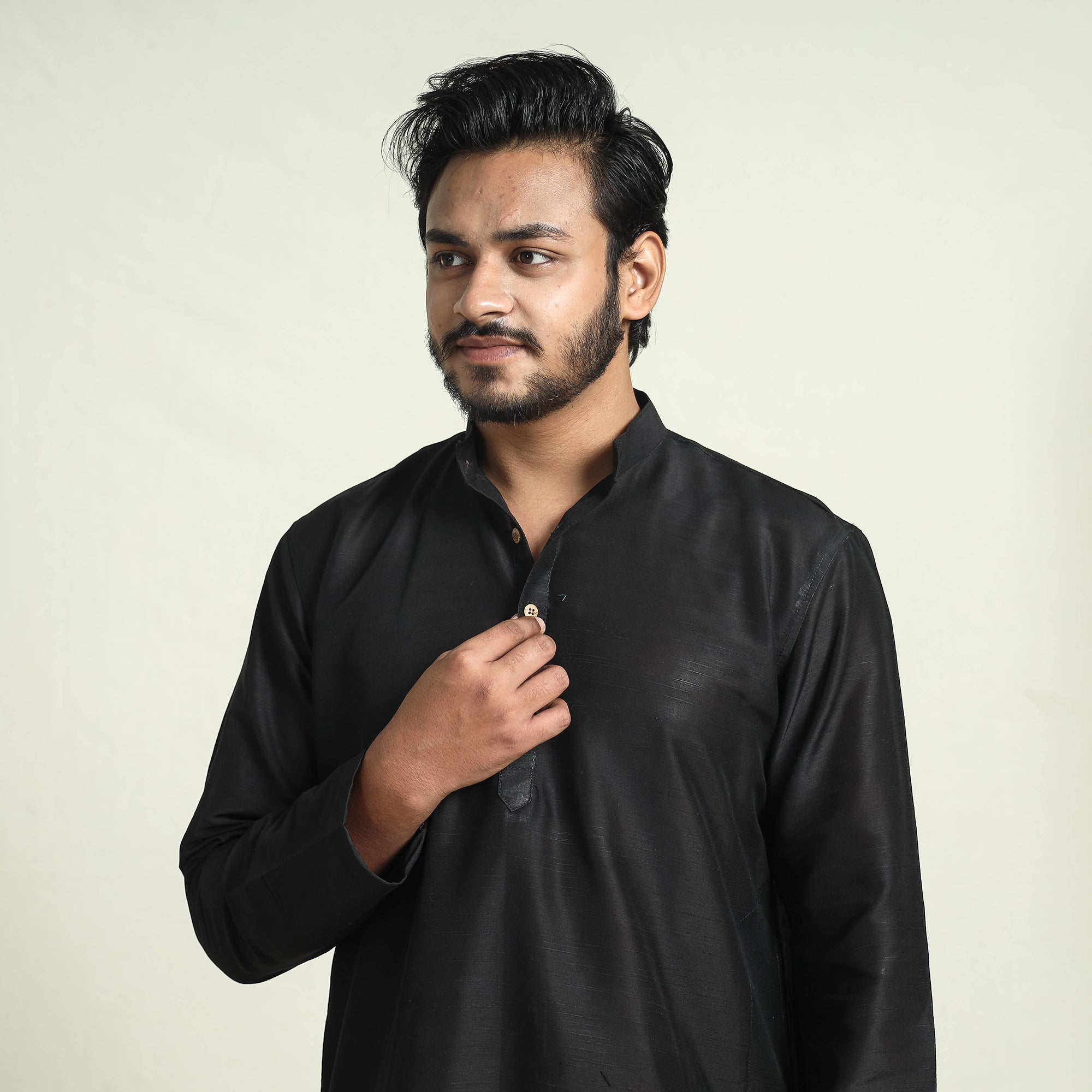 ITOKRI CASUALS Black - Plain Dyed Slub Silk Men Long Kurta - view 3