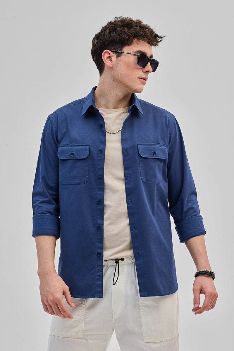 SNITCH Blue Solid Double Pocket Overshirt
