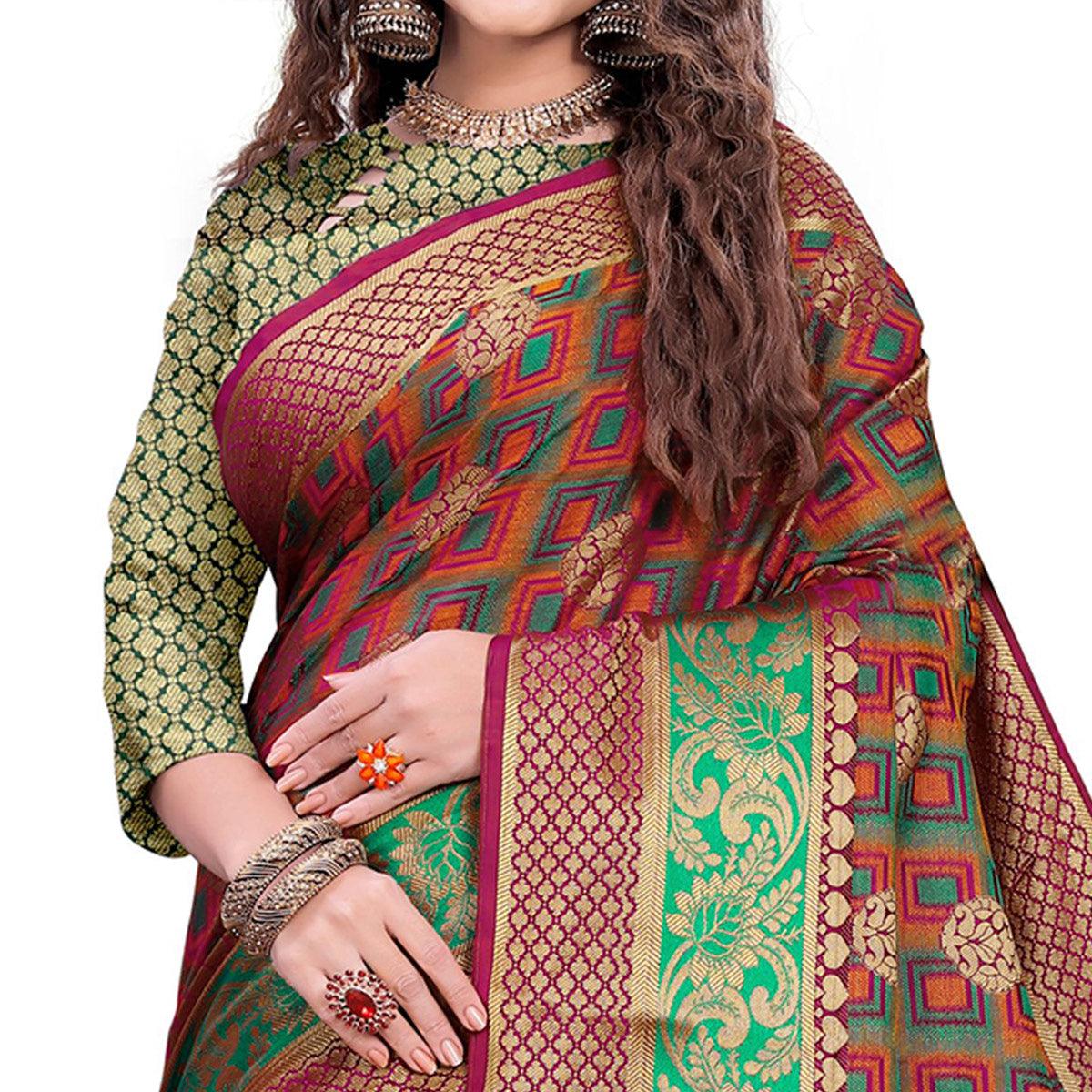 Peachmode Exceptional Maroon-Green Colored Festive Wear Woven Cotton Silk Jacquard Saree - view 2