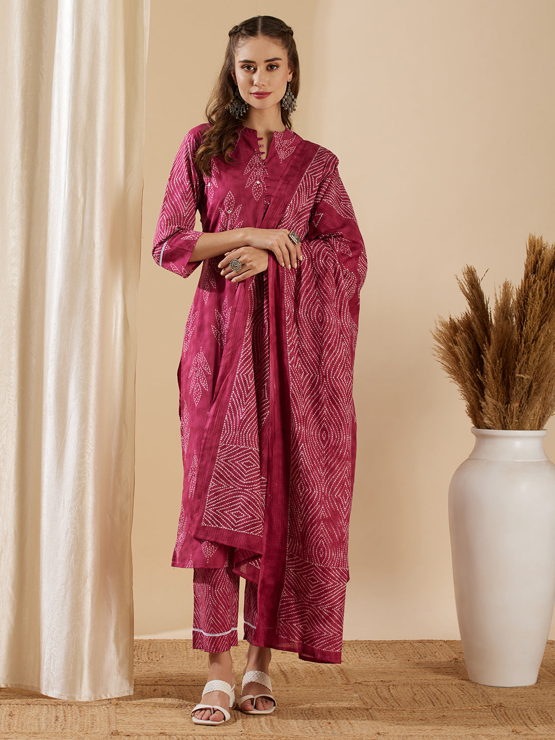 Fashor Ethnic Leaf Printed & Embroidered Straight Kurta with Pant & Dupatta - Magenta