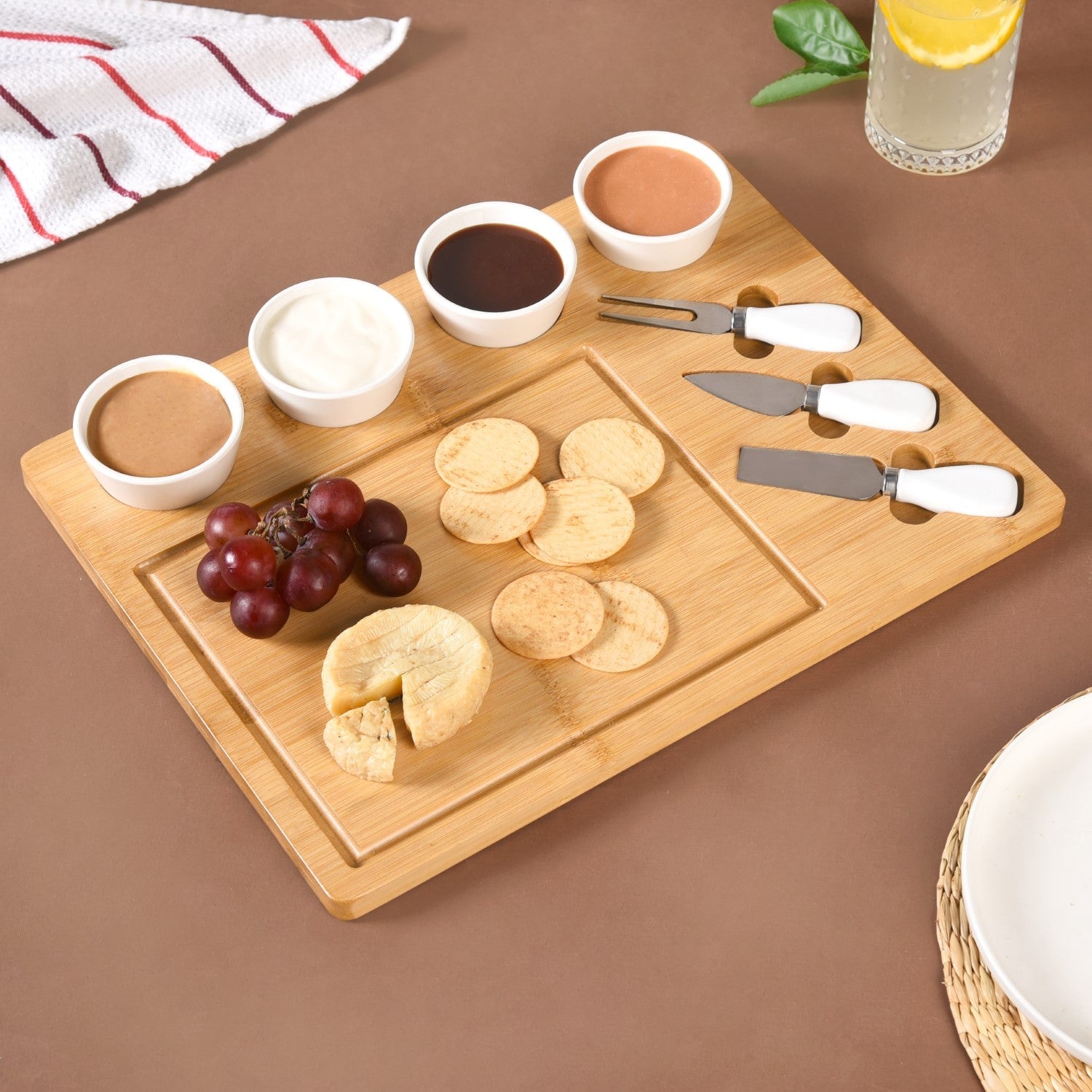 Nestasia Sleek Wooden Snacks Platter Set With Dip Bowls And Cheese Knives