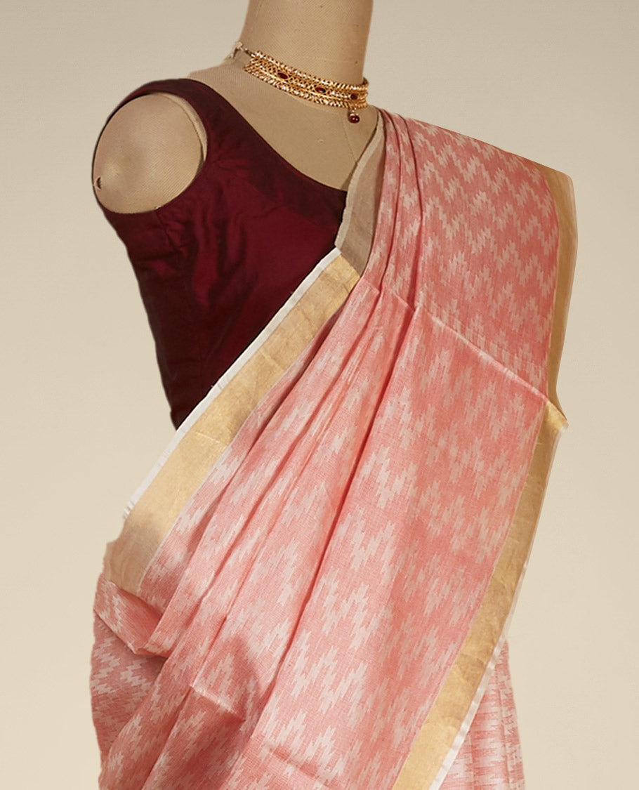 Pothys Red zig- zag striped design tusser silk saree with contrast zari border