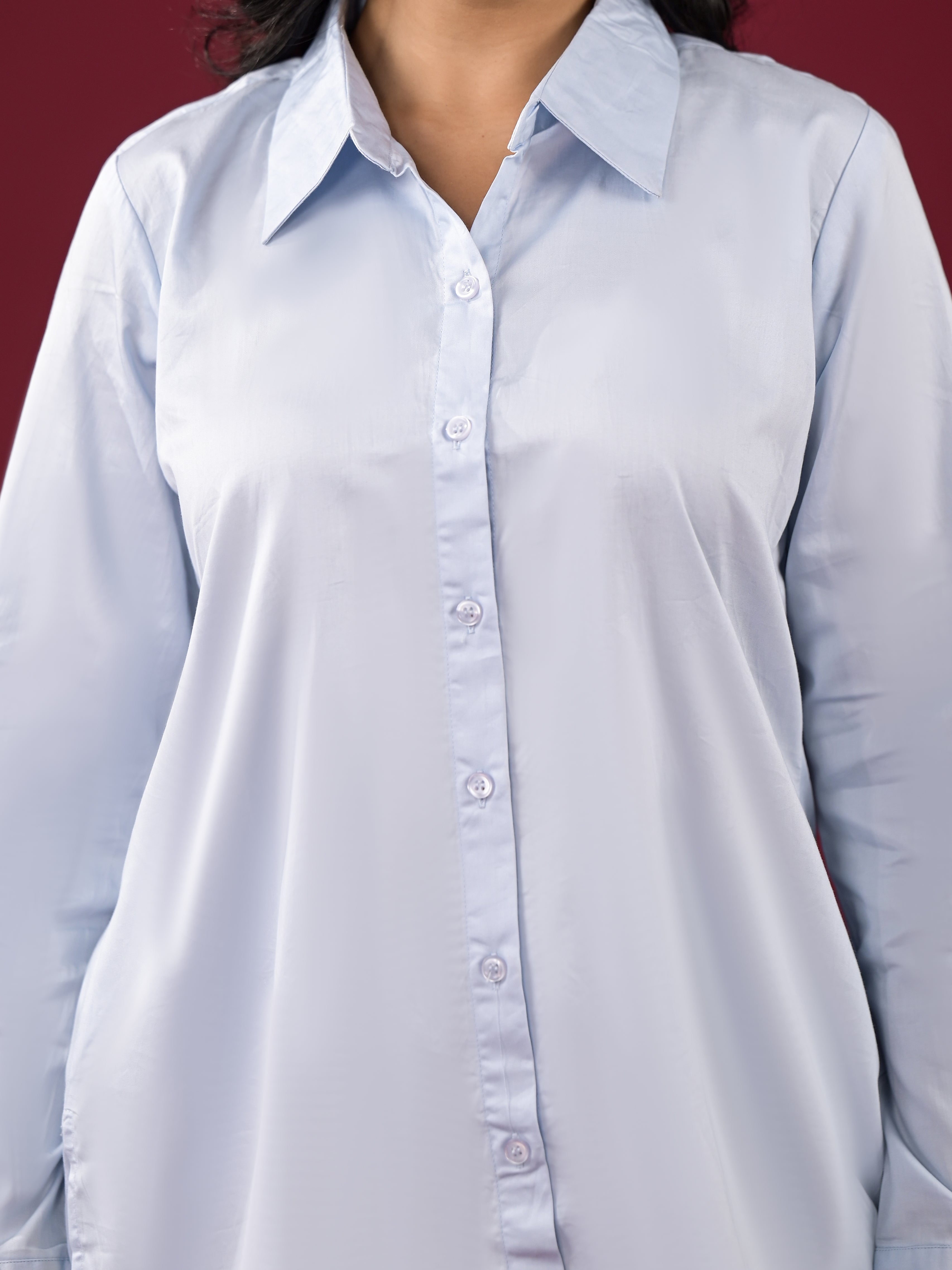 Peachmode Light Blue Solid Satin High-Low Shirt - view 2